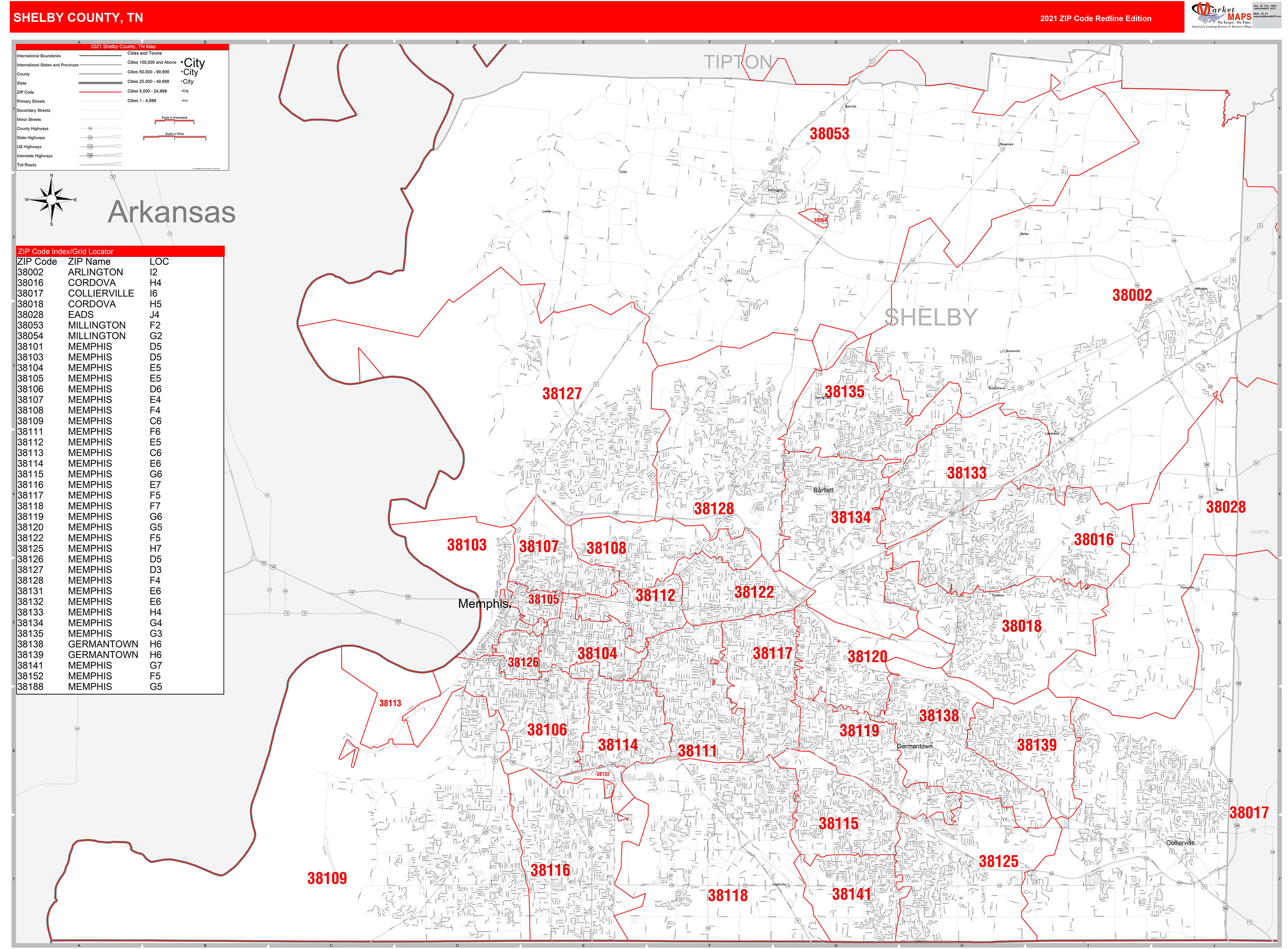 Shelby County, TN Zip Code Wall Map Red Line Style by MarketMAPS MapSales