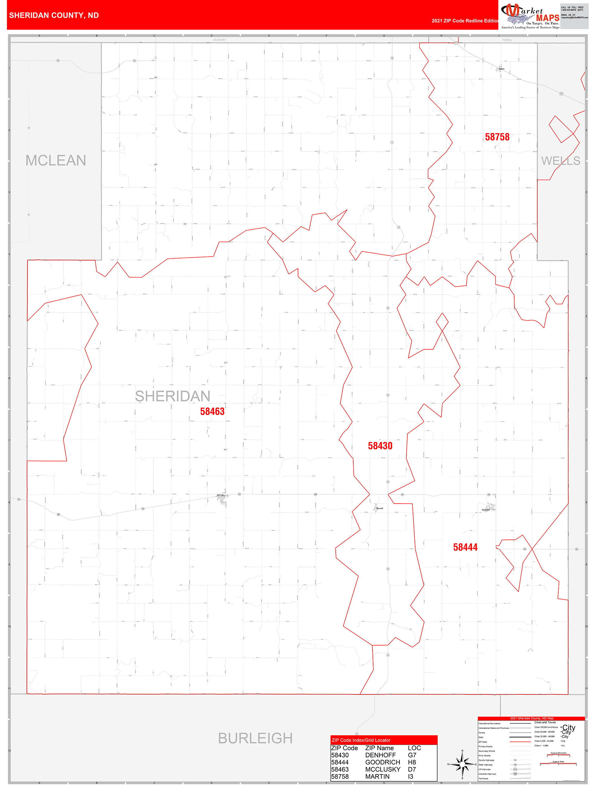Sheridan County, ND Zip Code Wall Map Red Line Style by MarketMAPS