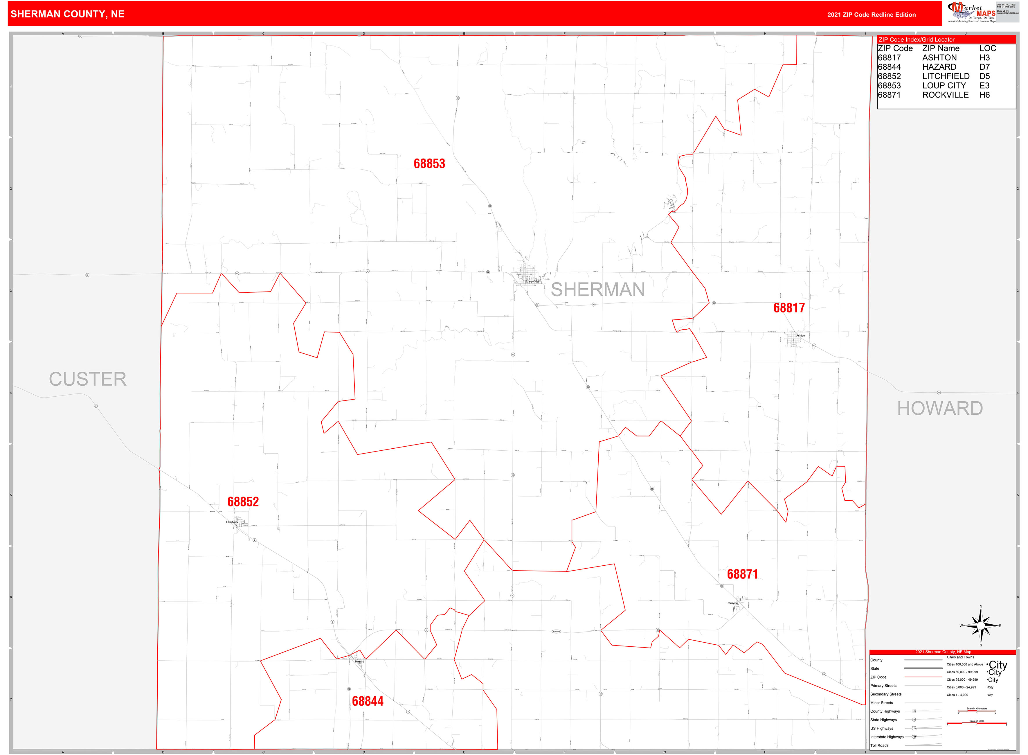Sherman County, NE Zip Code Wall Map Red Line Style by MarketMAPS