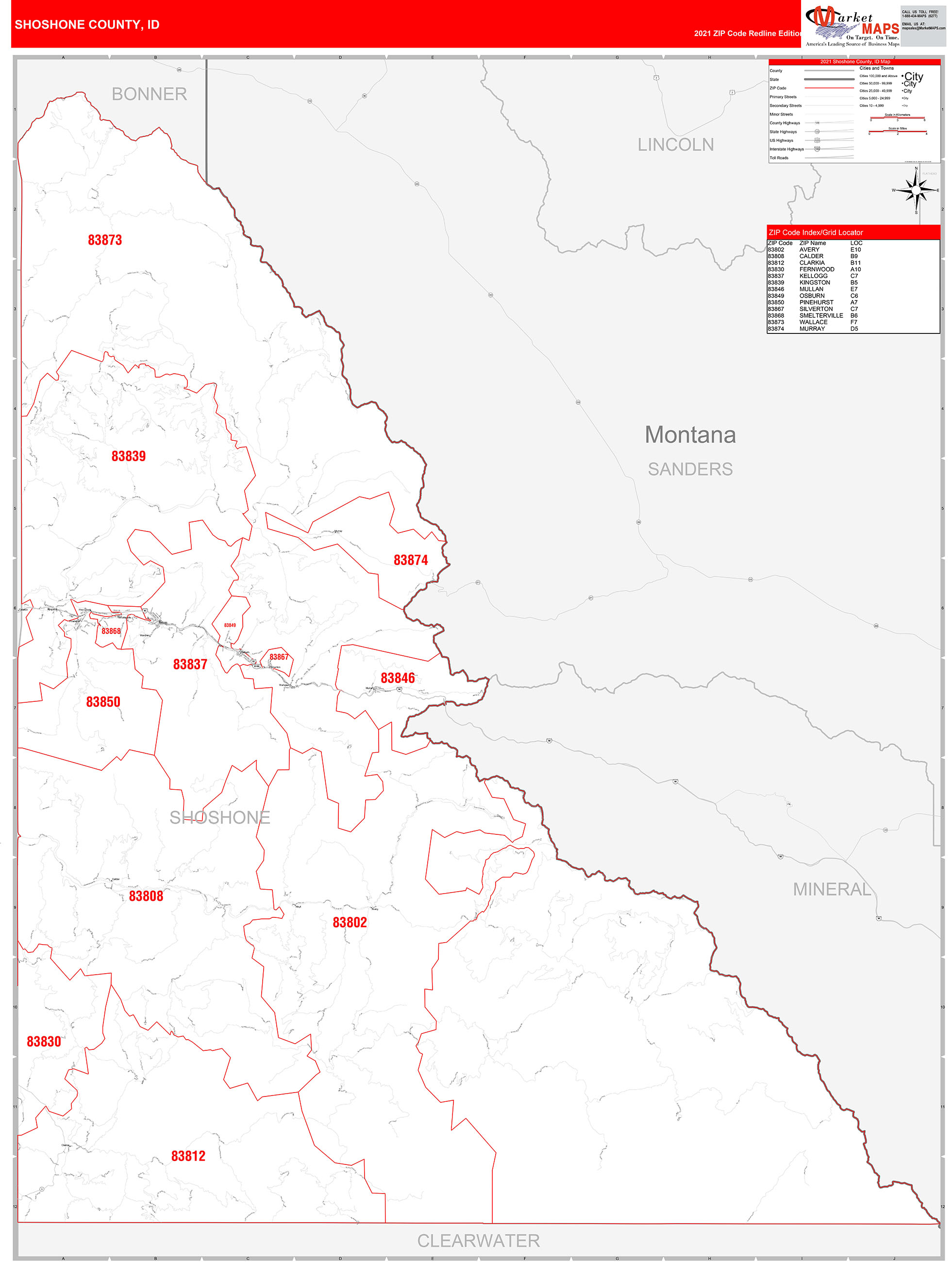 Shoshone County, ID Zip Code Wall Map Red Line Style by MarketMAPS