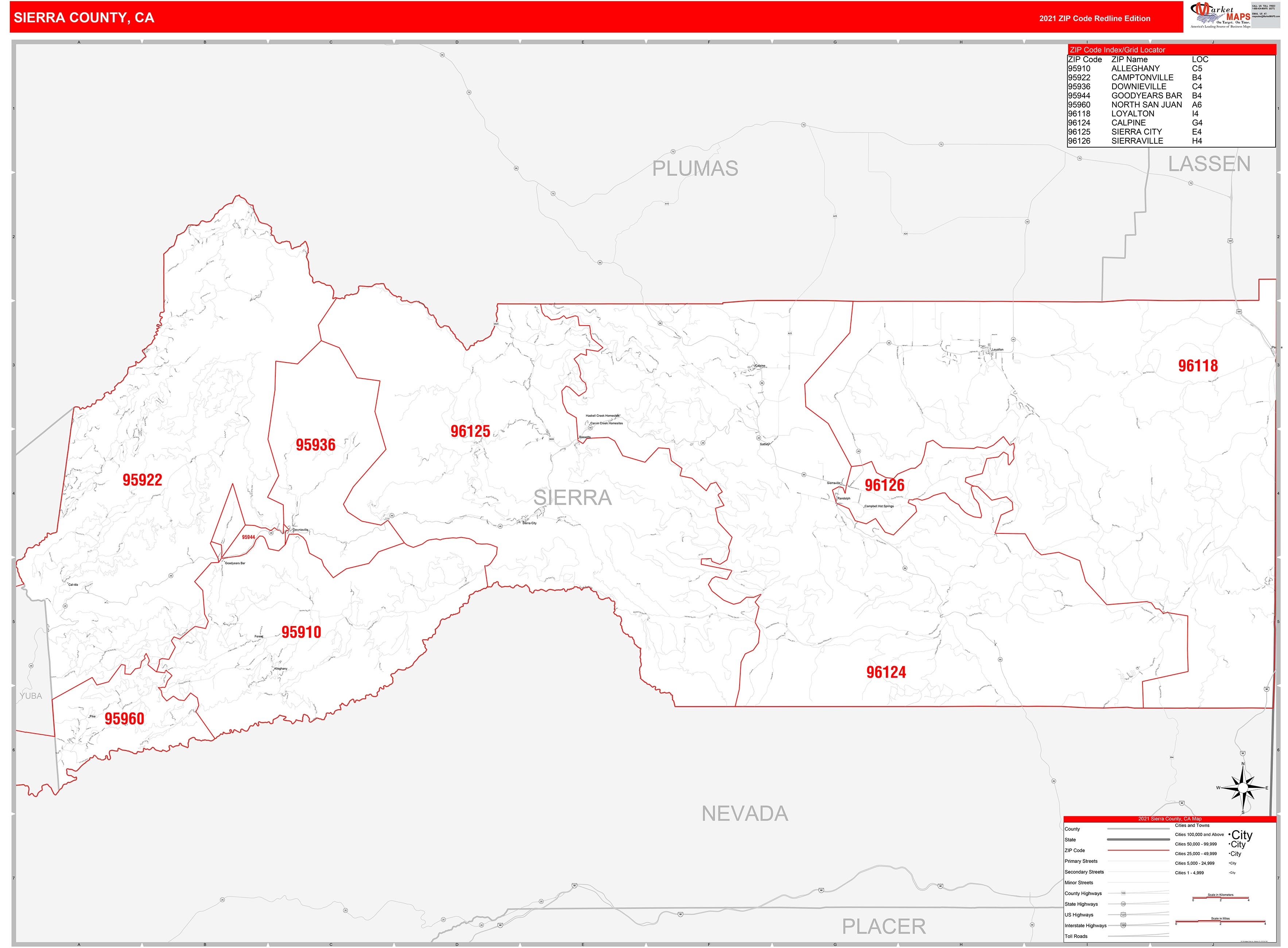 Sierra County, CA Zip Code Wall Map Red Line Style by MarketMAPS