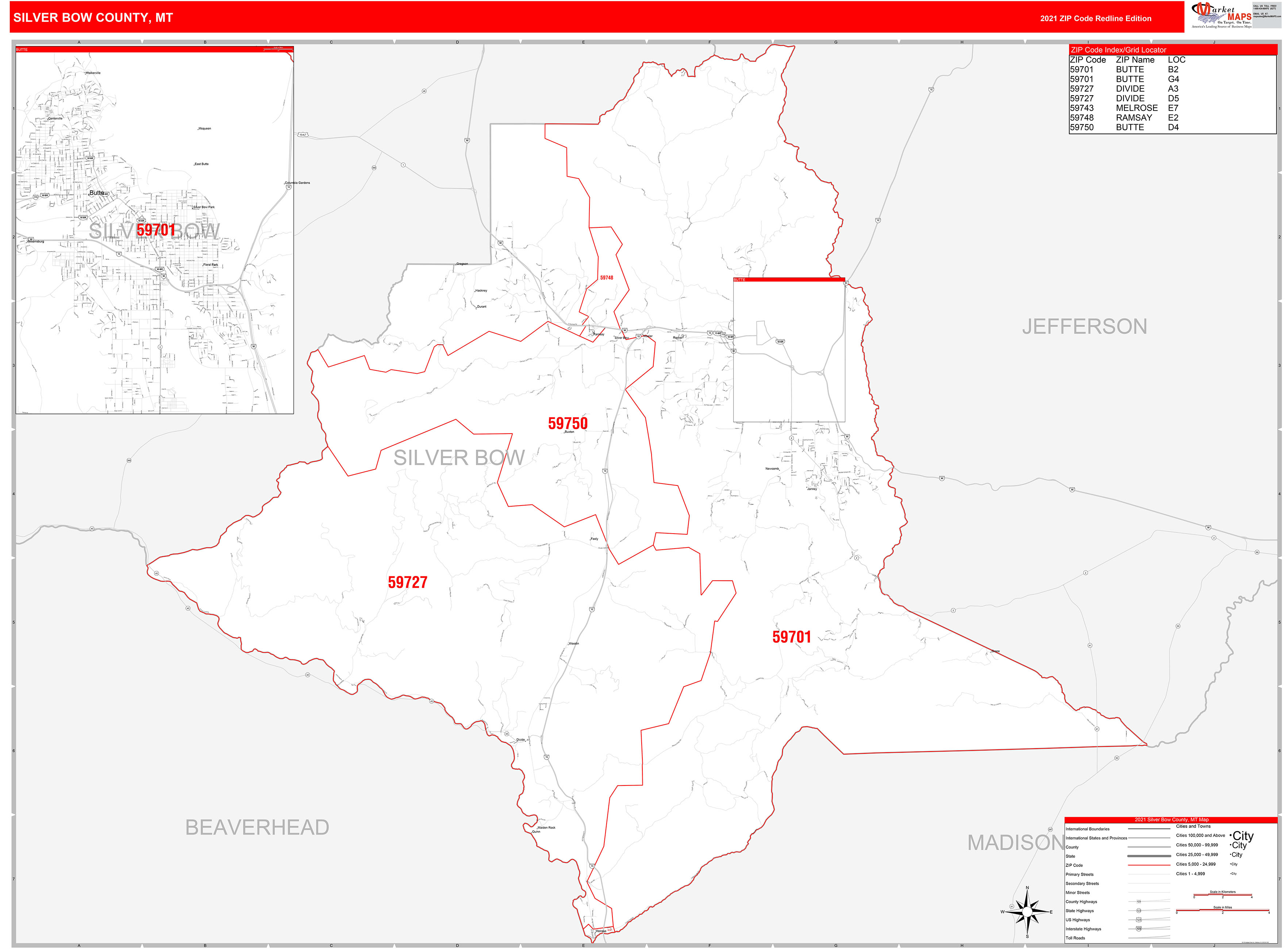 Silver Bow County, MT Zip Code Wall Map Red Line Style by MarketMAPS