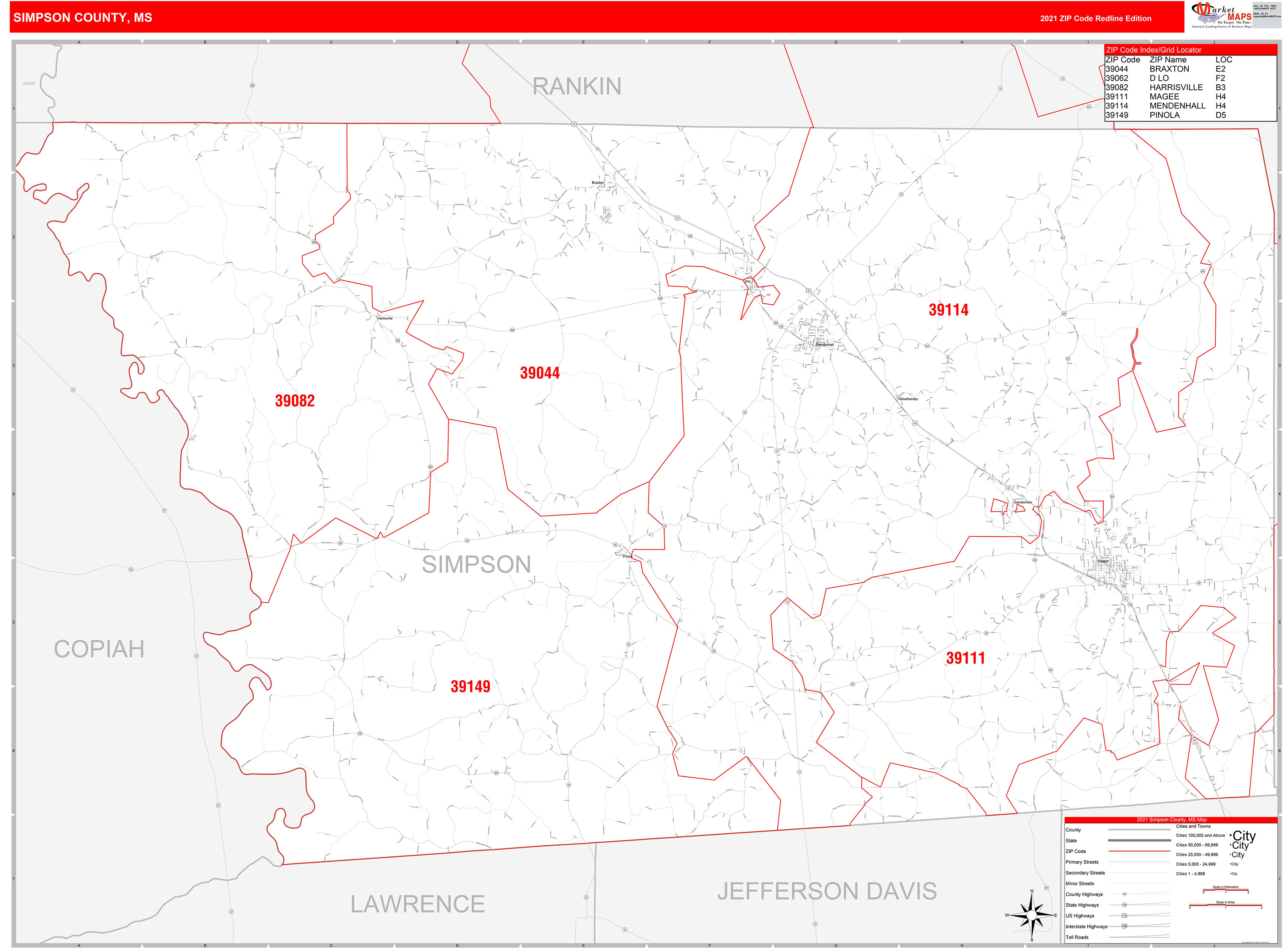 Simpson County, MS Zip Code Wall Map Red Line Style by MarketMAPS