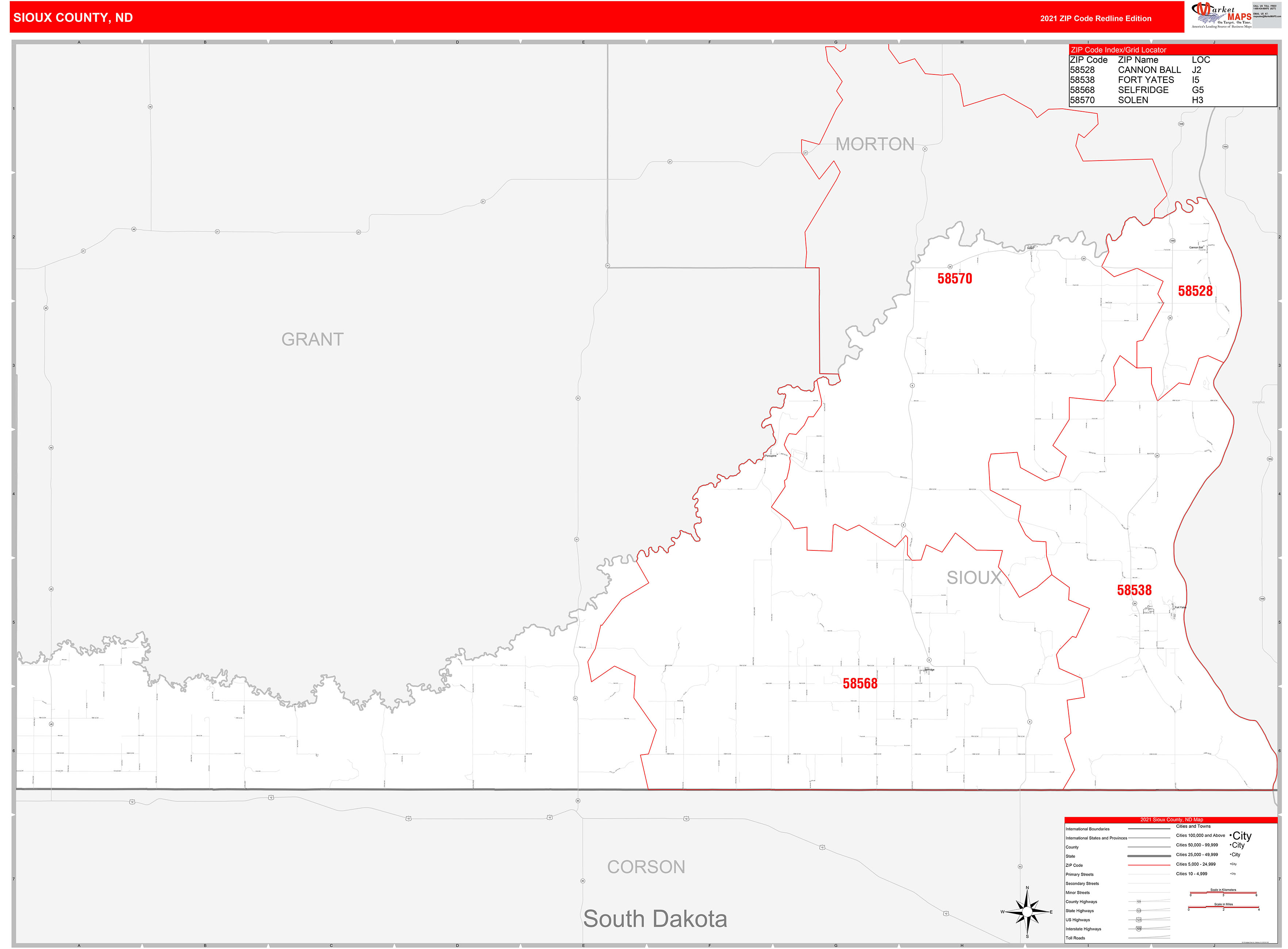 Sioux County, ND Zip Code Wall Map Red Line Style by MarketMAPS