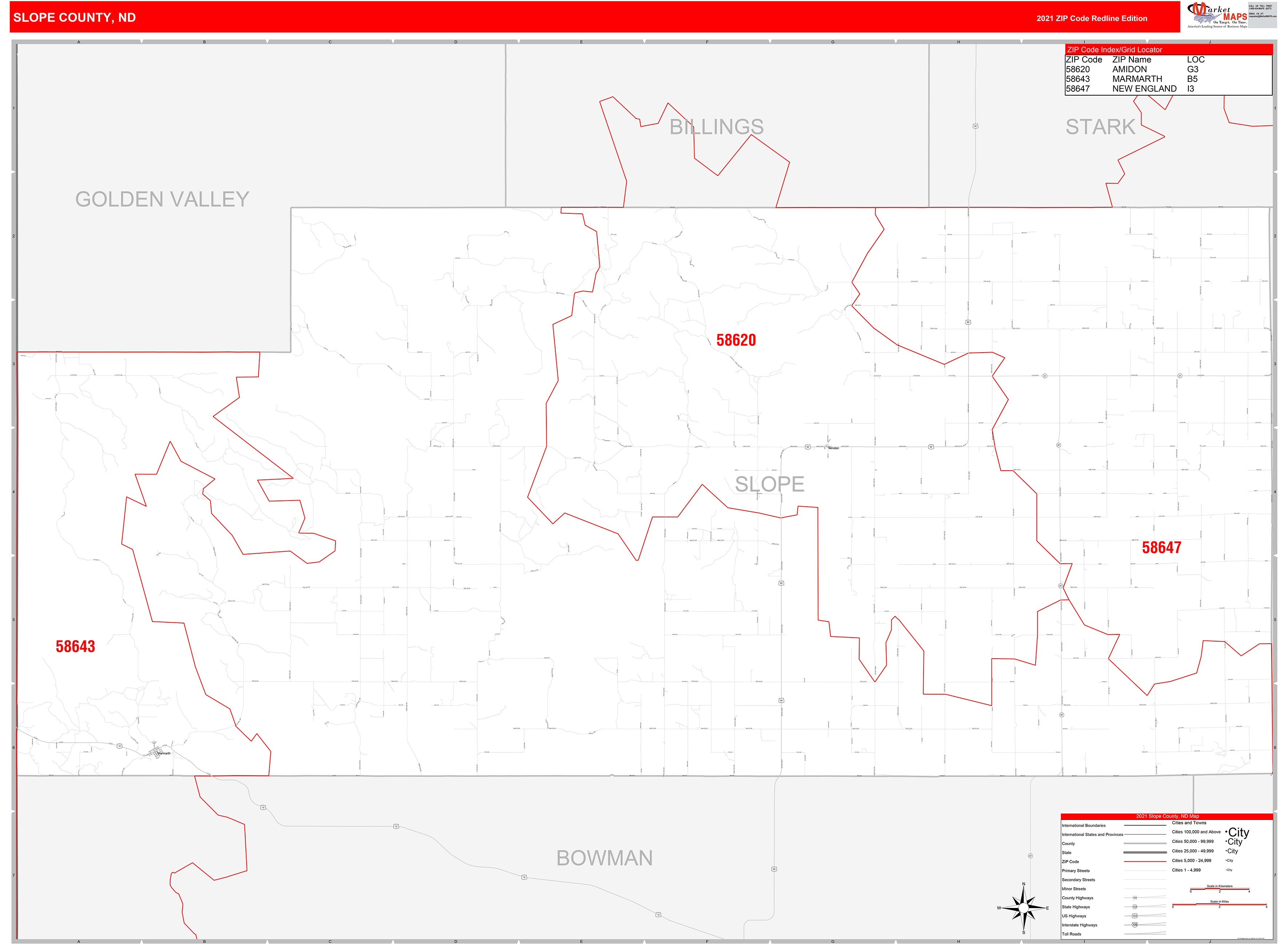 Slope County, ND Zip Code Wall Map Red Line Style by MarketMAPS