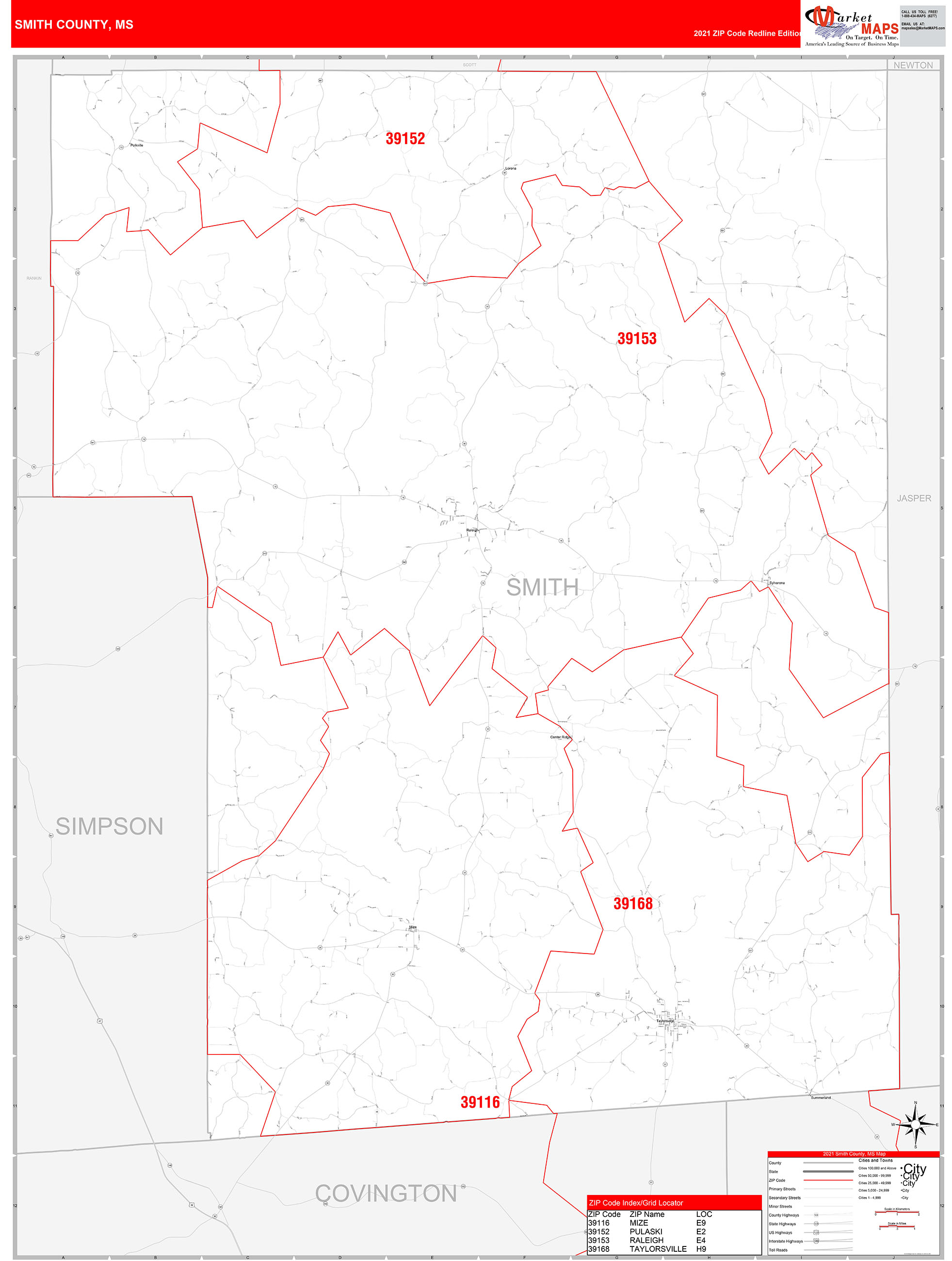 Smith County, MS Zip Code Wall Map Red Line Style by MarketMAPS