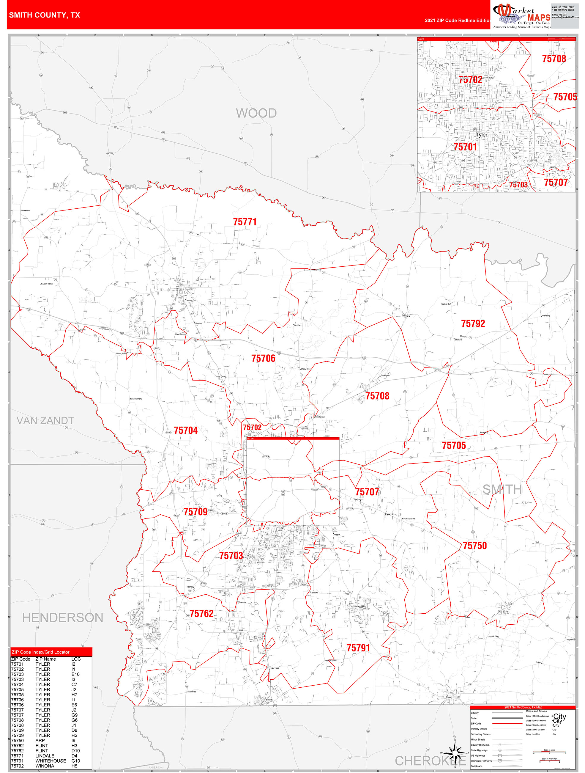 Smith County Tx Zip Code Wall Map Red Line Style By Marketmaps Mapsales