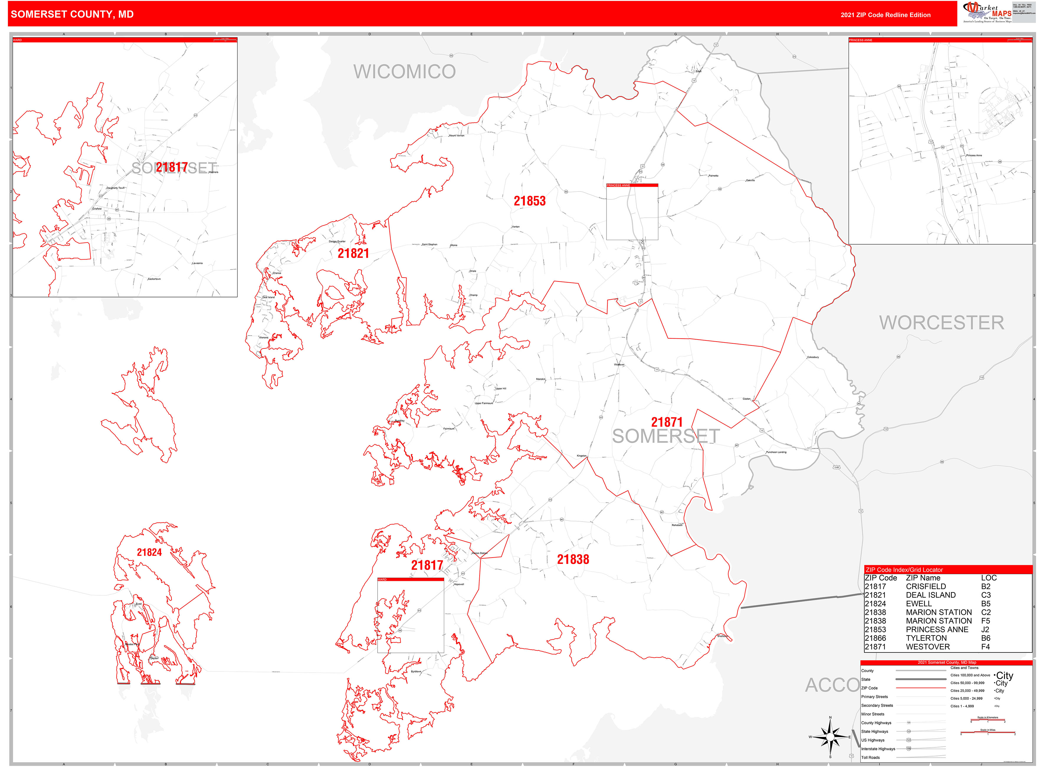 Somerset County, MD Zip Code Wall Map Red Line Style by MarketMAPS