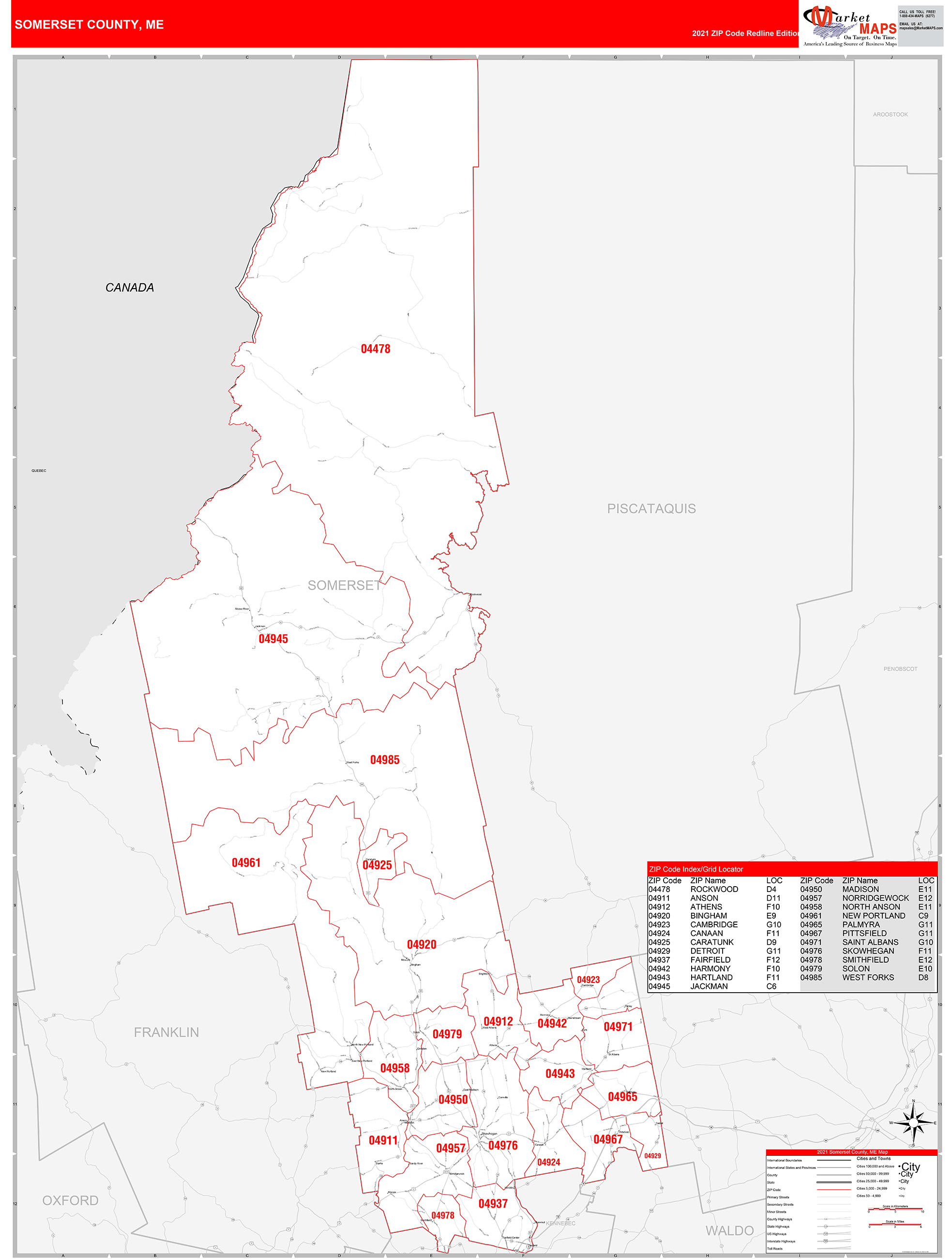 Somerset County, ME Zip Code Wall Map Red Line Style by MarketMAPS