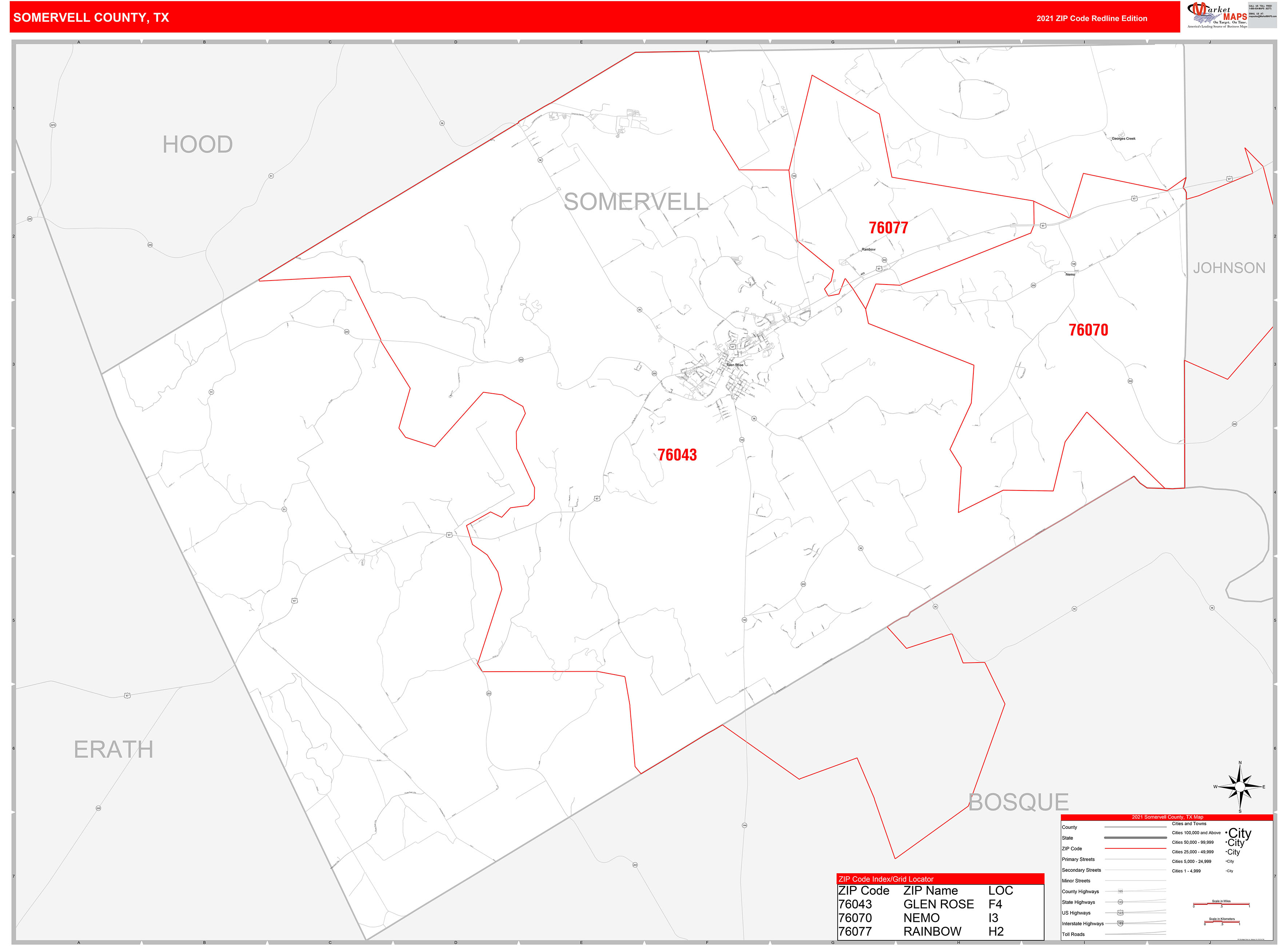 Somervell County, TX Zip Code Wall Map Red Line Style by MarketMAPS