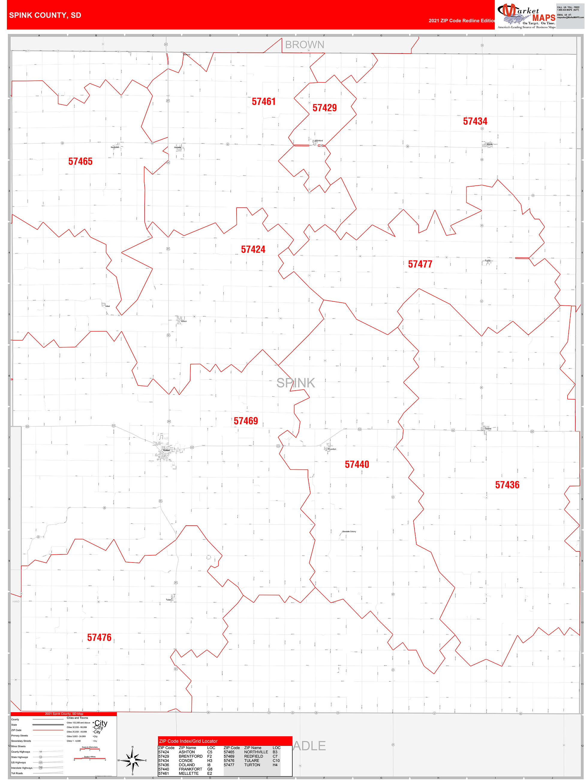 Spink County, SD Zip Code Wall Map Red Line Style by MarketMAPS