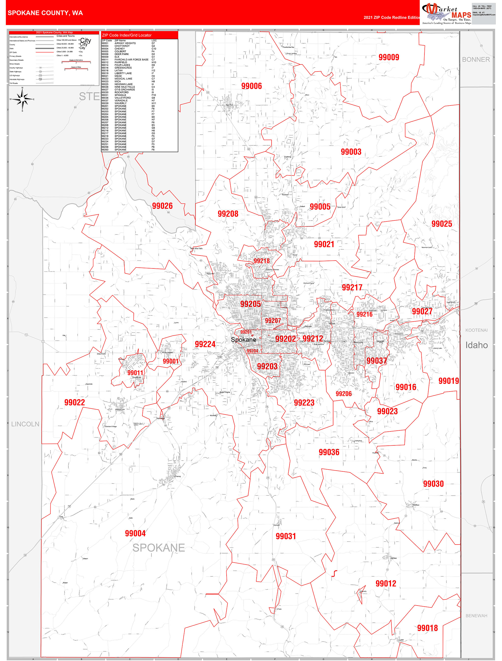 Spokane County, WA Zip Code Wall Map Red Line Style by MarketMAPS