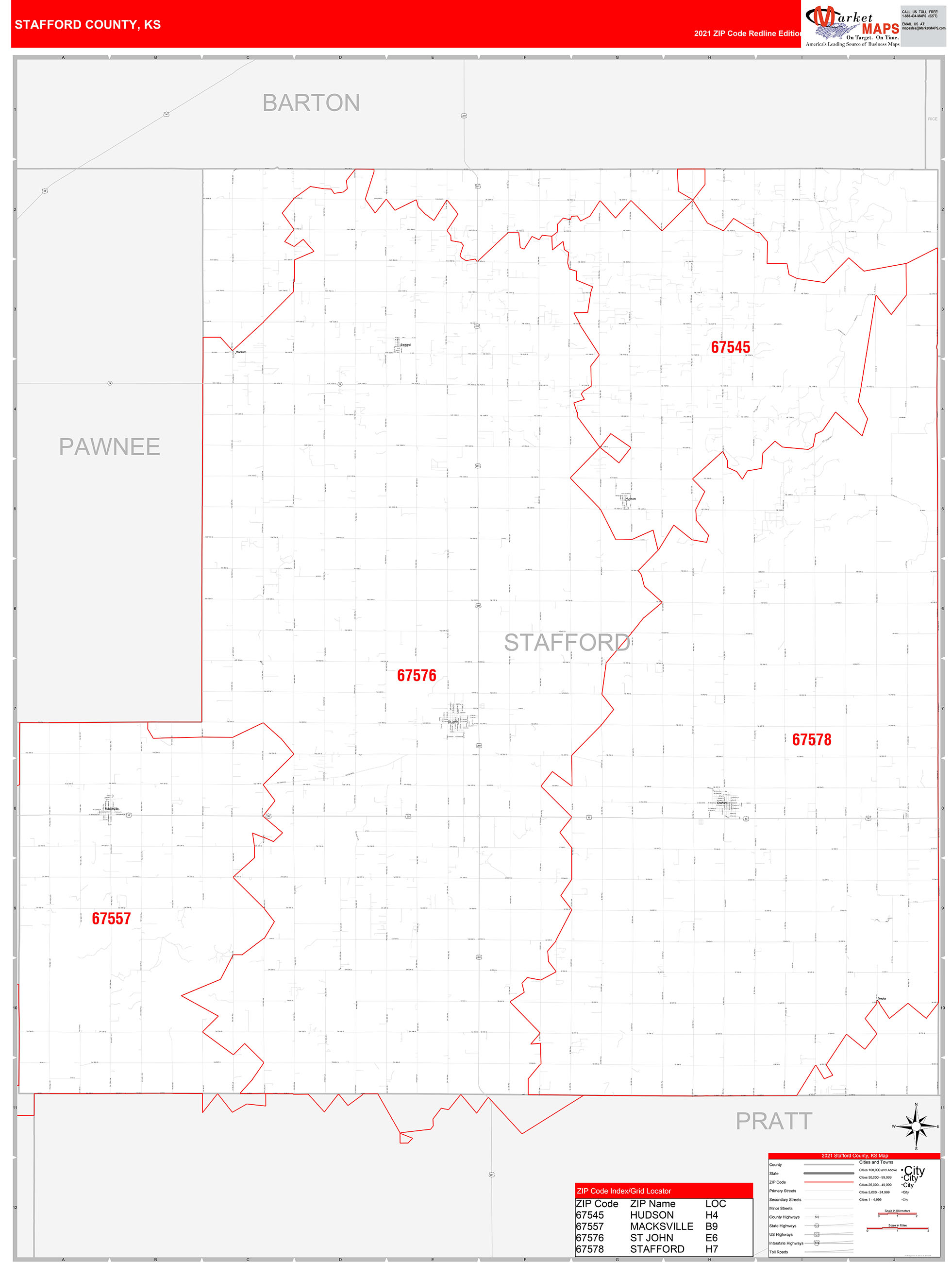 Stafford County, KS Zip Code Wall Map Red Line Style by MarketMAPS
