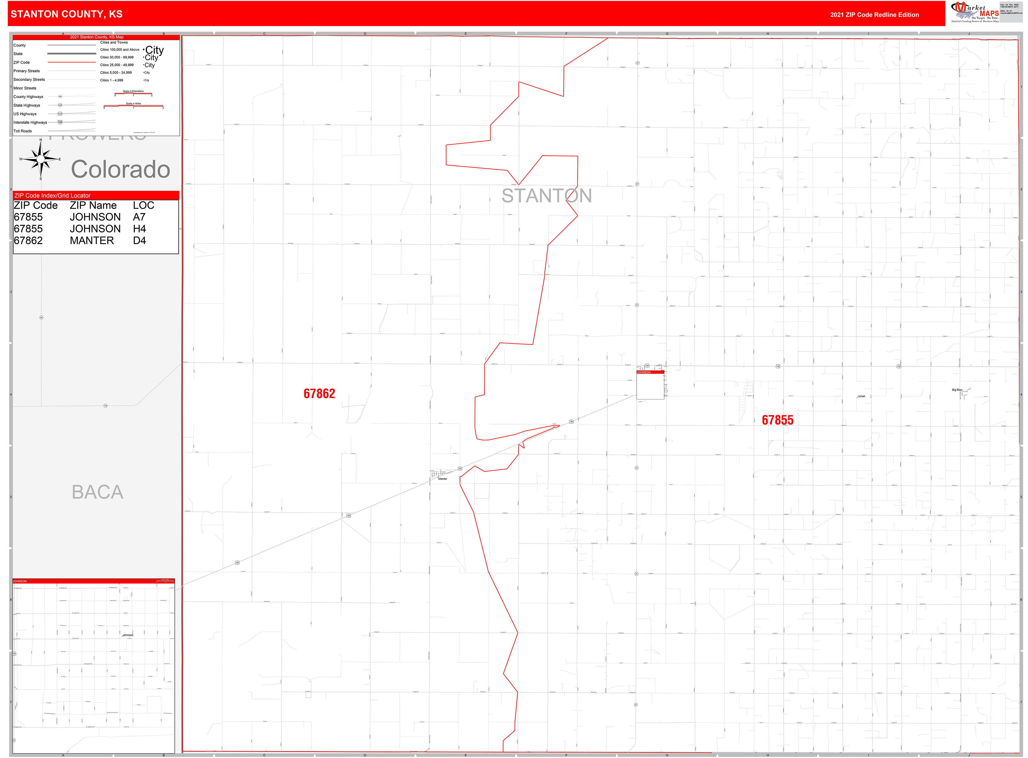 Stanton County, KS Zip Code Wall Map Red Line Style by MarketMAPS