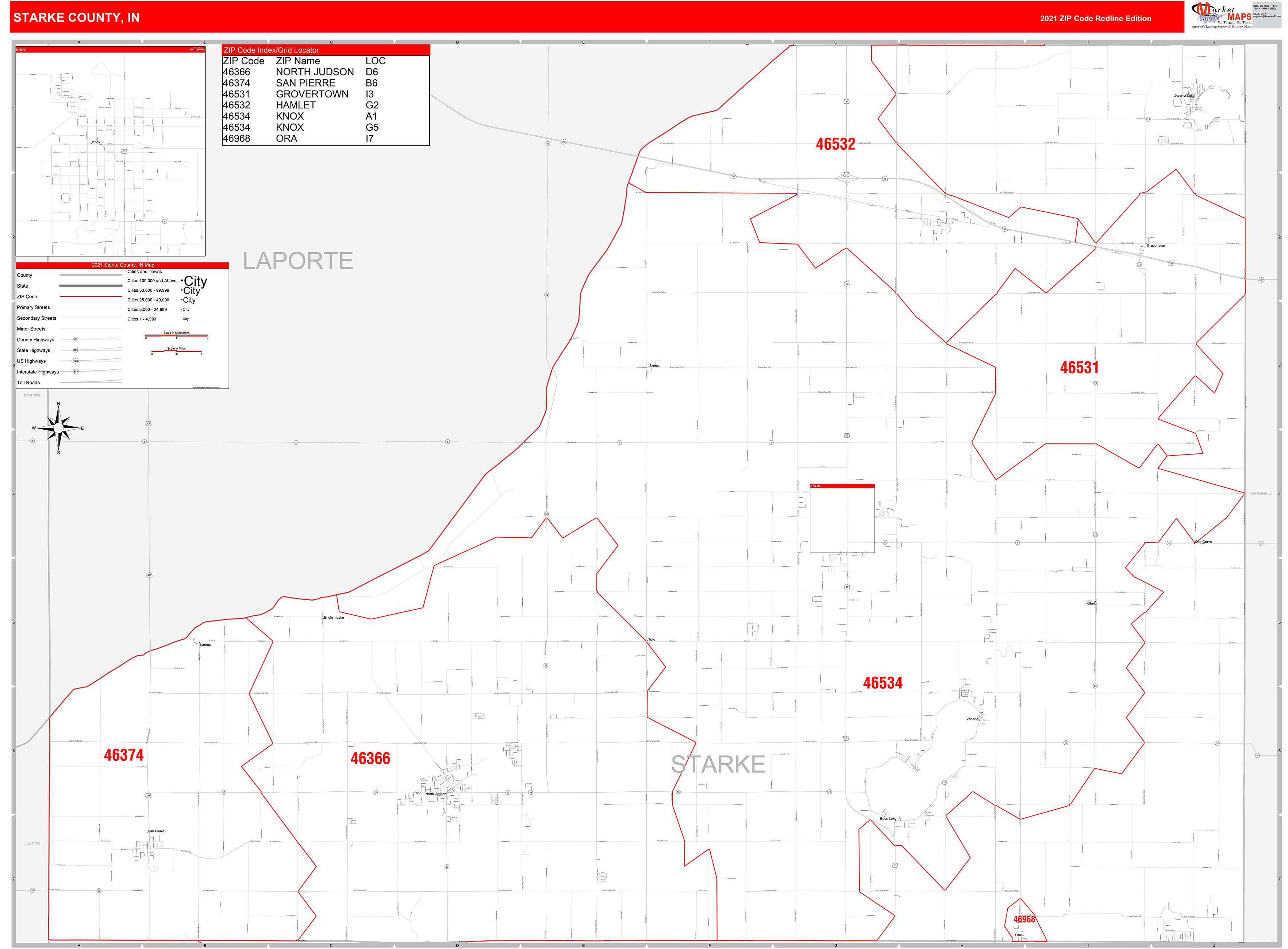 Starke County, IN Zip Code Wall Map Red Line Style by MarketMAPS