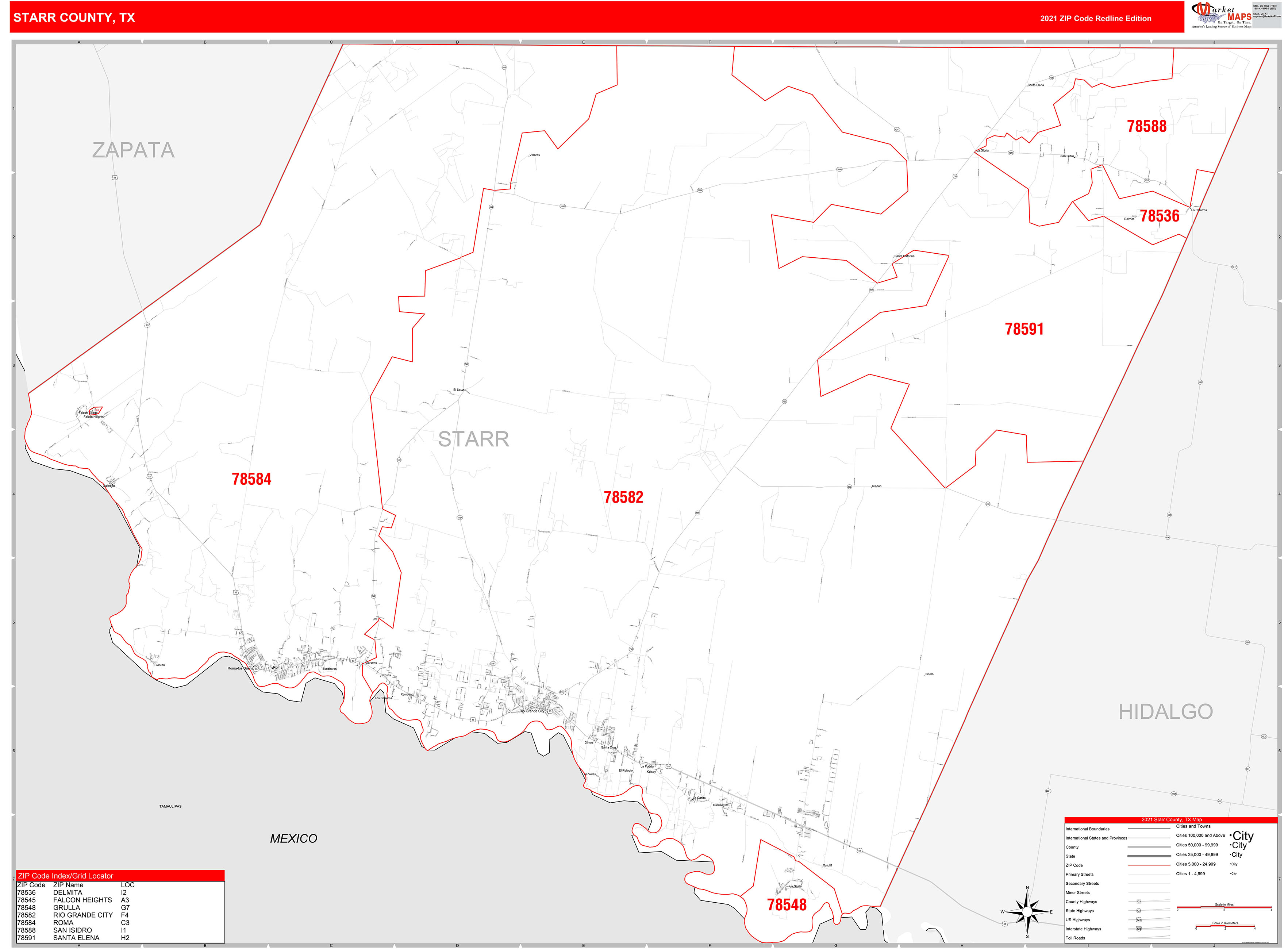 Starr County, TX Zip Code Wall Map Red Line Style by MarketMAPS MapSales