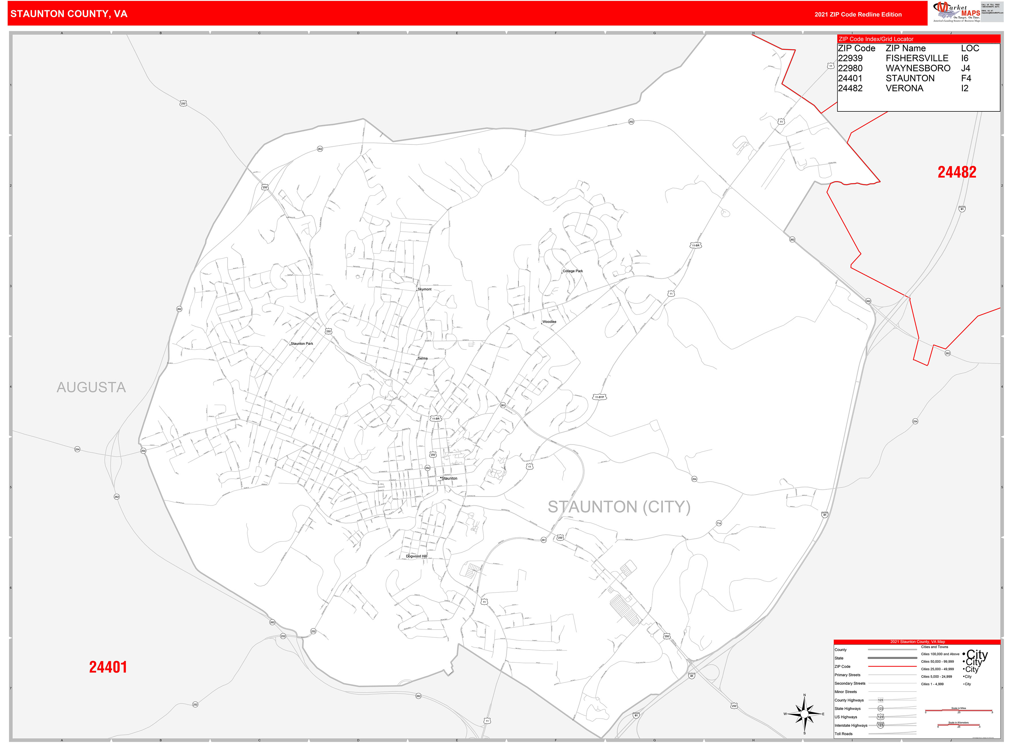 Staunton County, VA Zip Code Wall Map Red Line Style by MarketMAPS