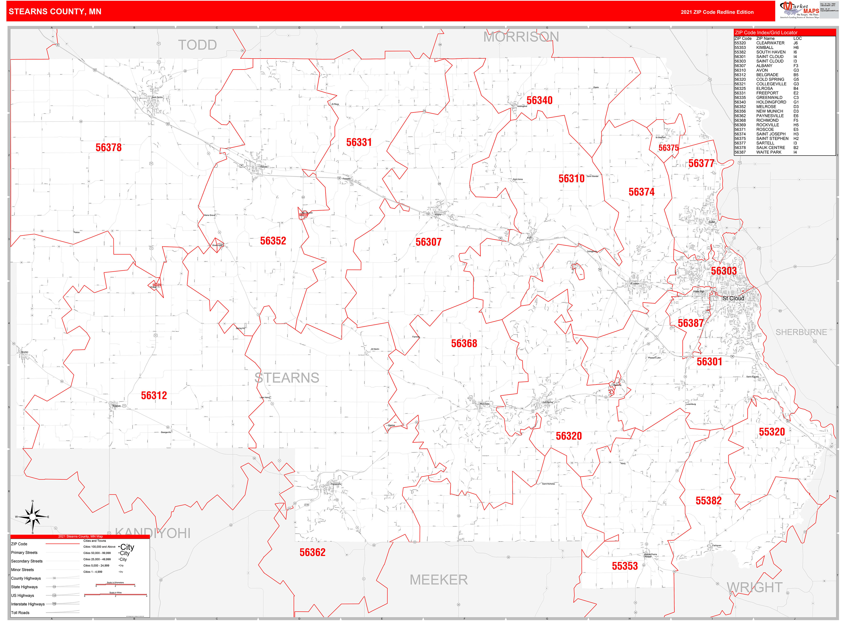 Stearns County, MN Zip Code Wall Map Red Line Style by MarketMAPS