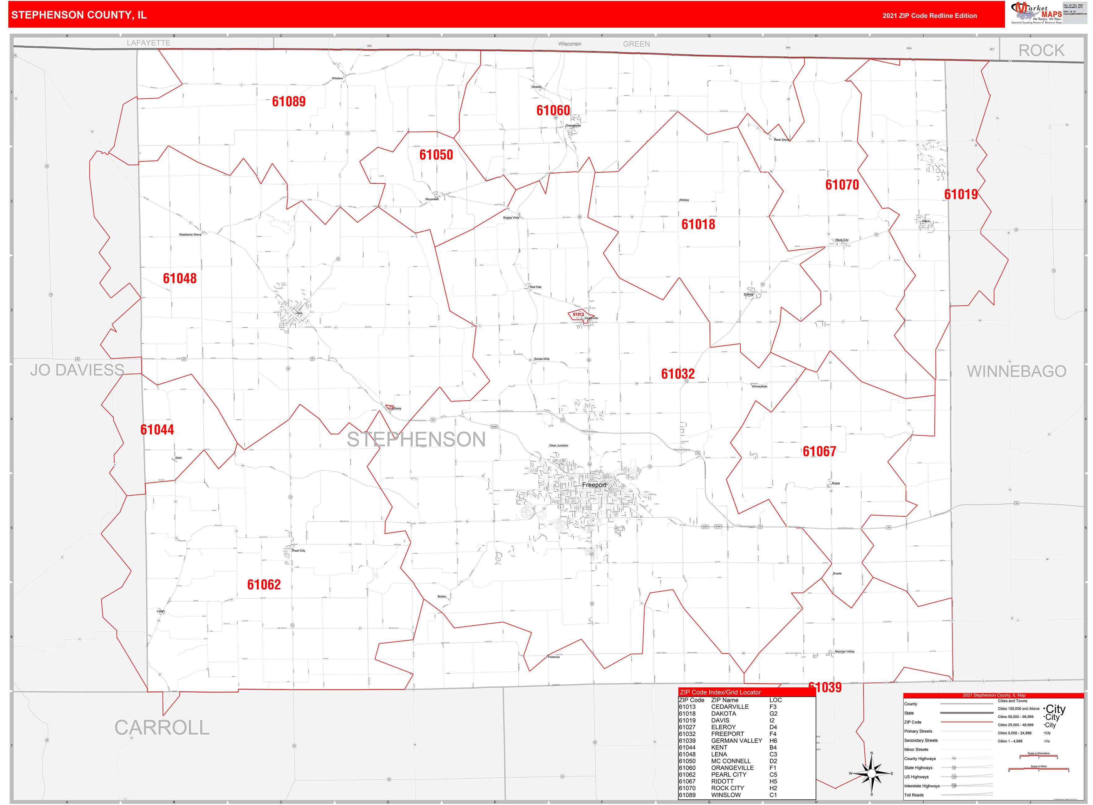Stephenson County, IL Zip Code Wall Map Red Line Style by MarketMAPS