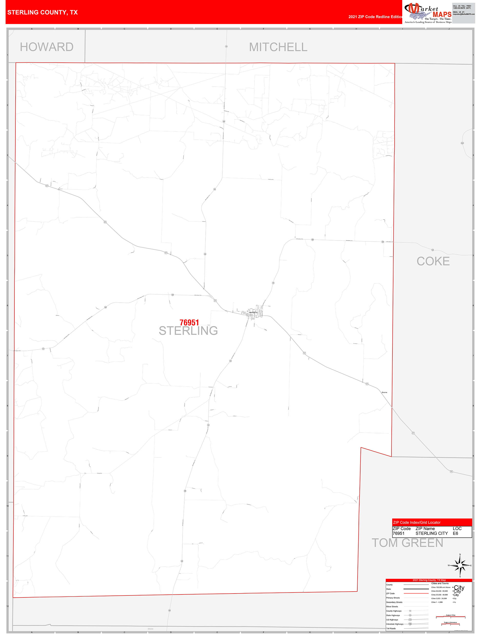 Sterling County, TX Zip Code Wall Map Red Line Style by MarketMAPS