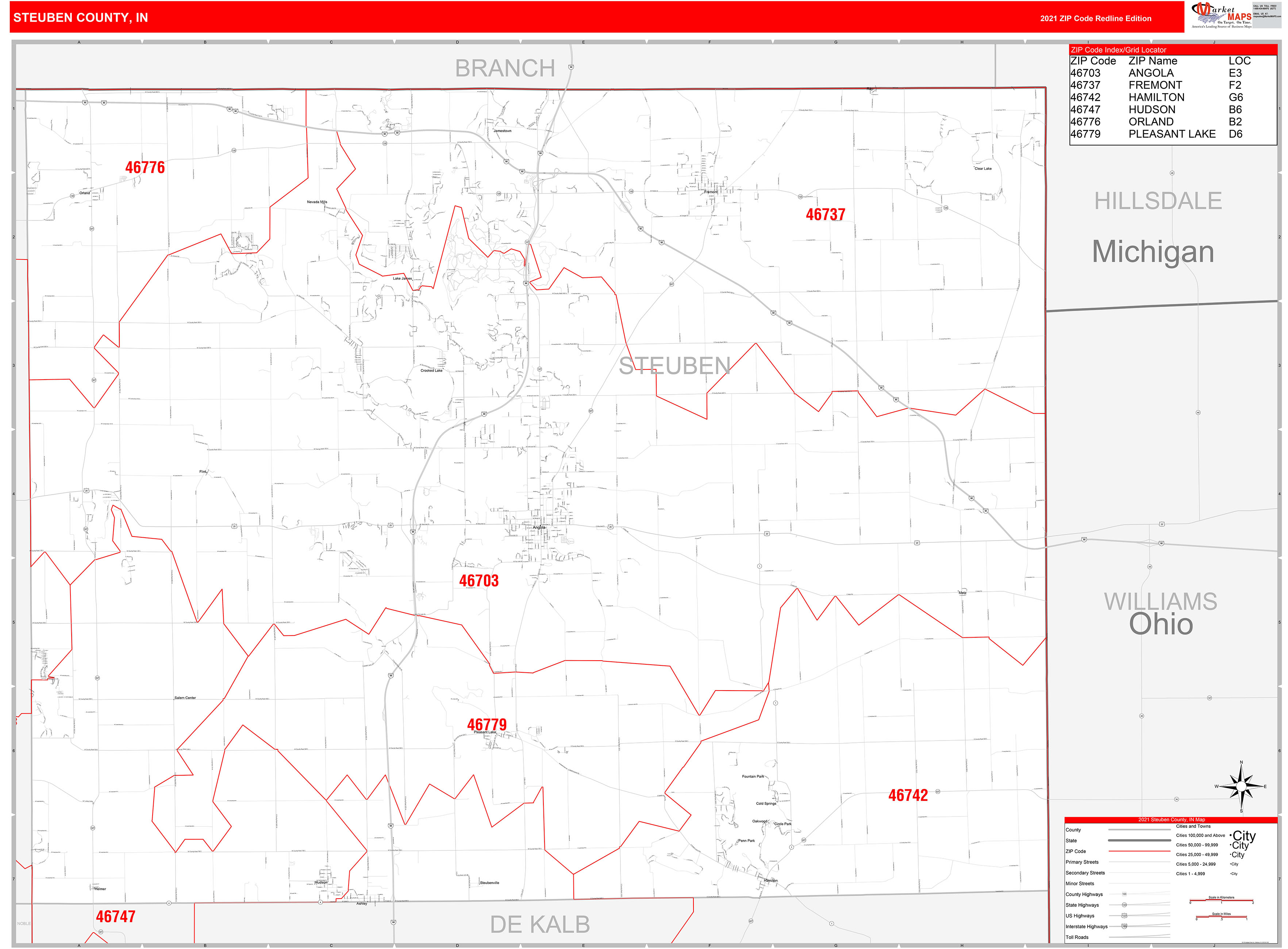 Steuben County, IN Zip Code Wall Map Red Line Style by MarketMAPS