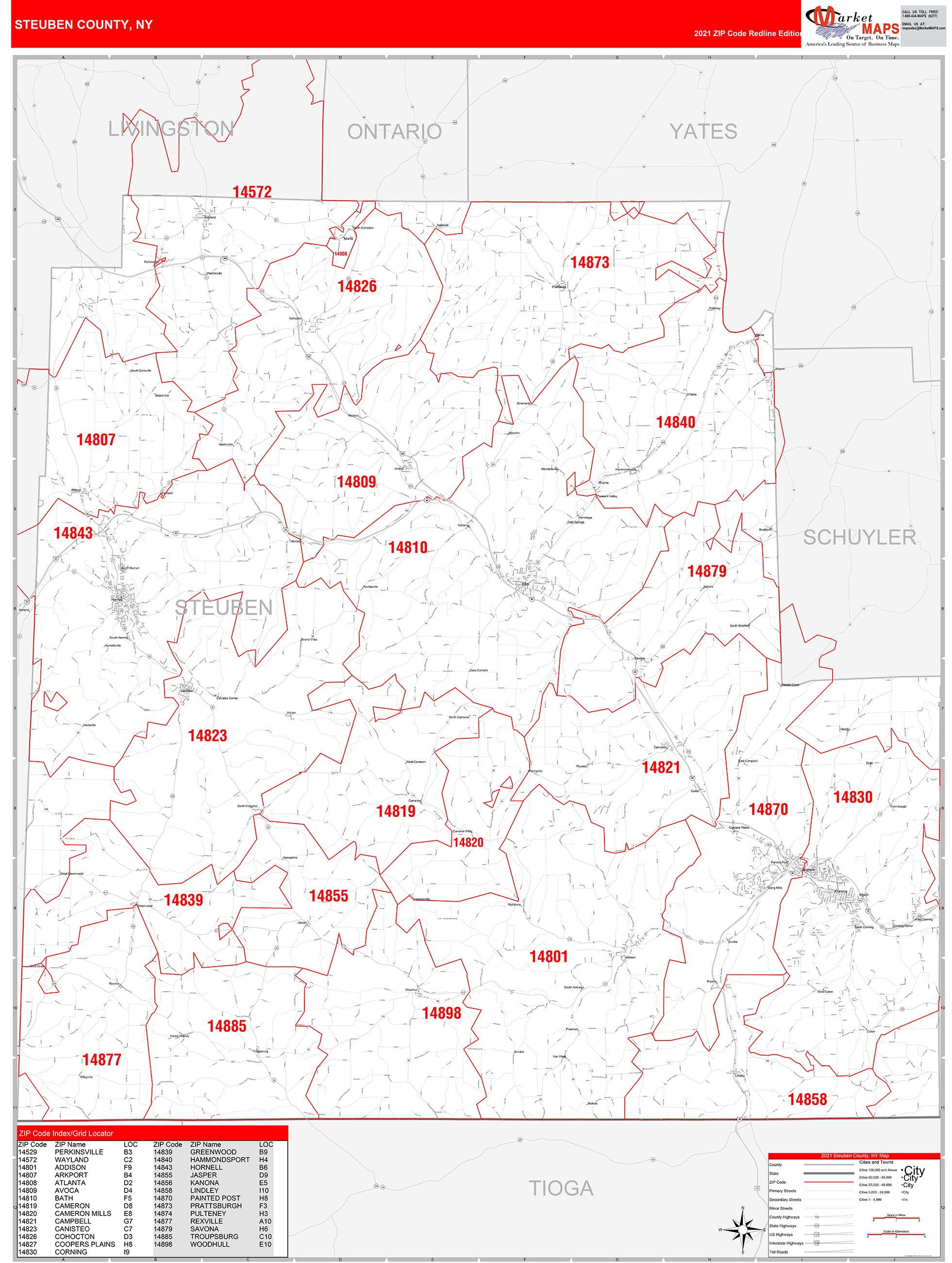 Steuben County, NY Zip Code Wall Map Red Line Style by MarketMAPS