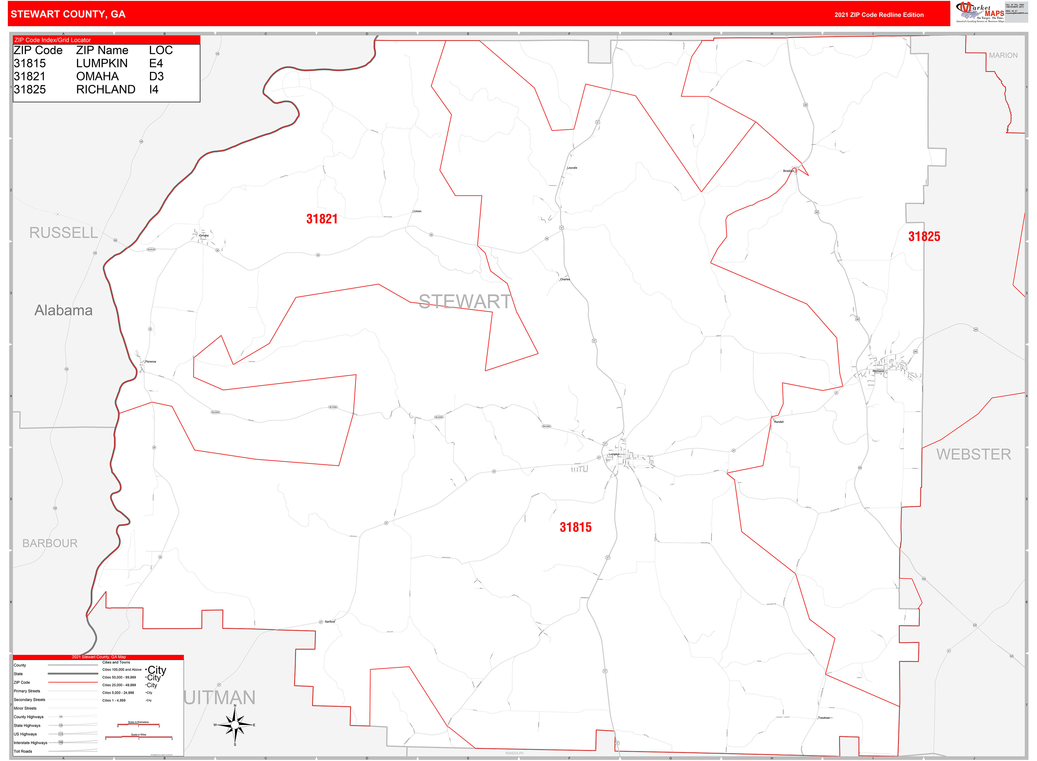 Stewart County, GA Zip Code Wall Map Red Line Style by MarketMAPS