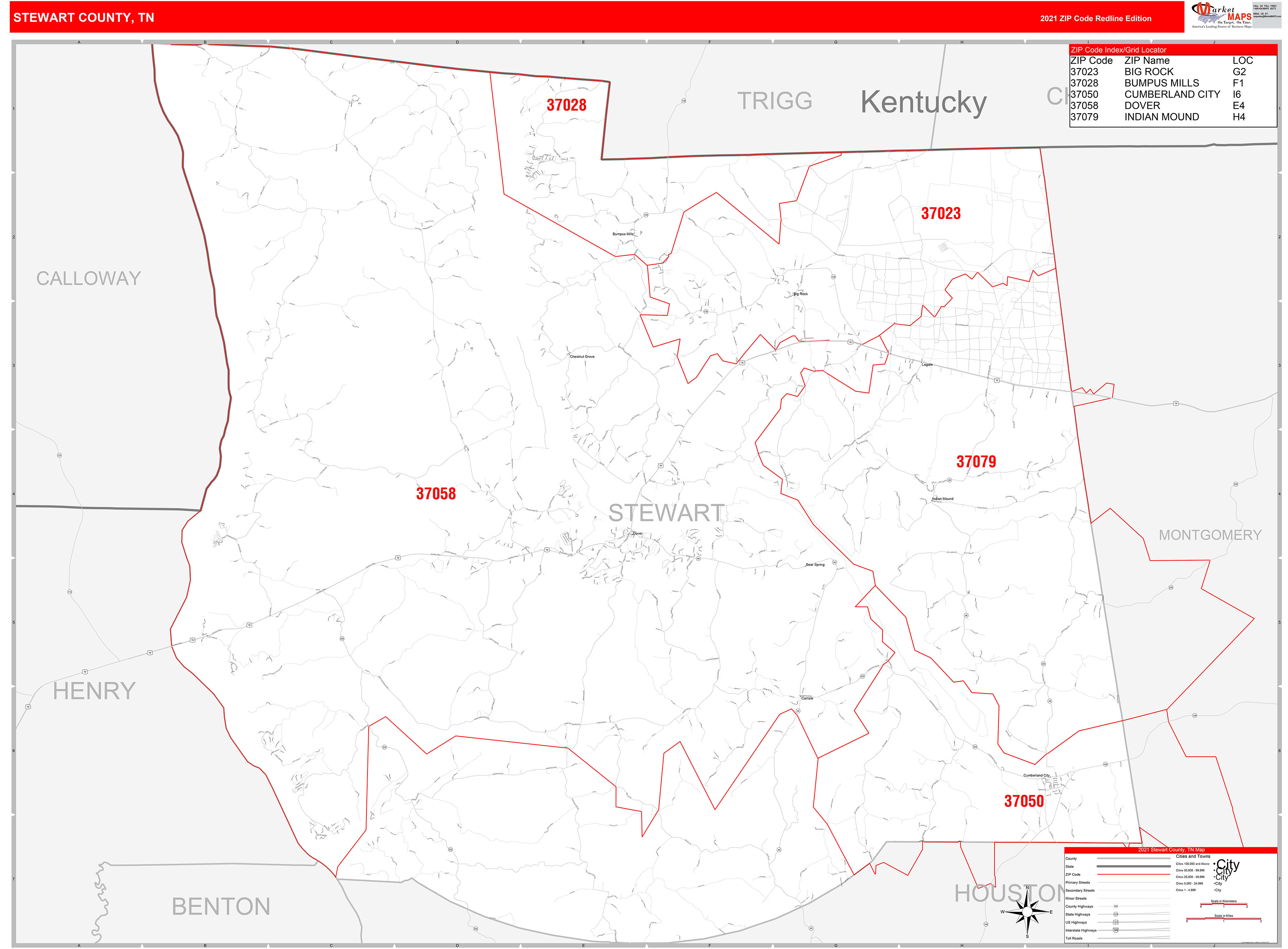 Stewart County, TN Zip Code Wall Map Red Line Style by MarketMAPS