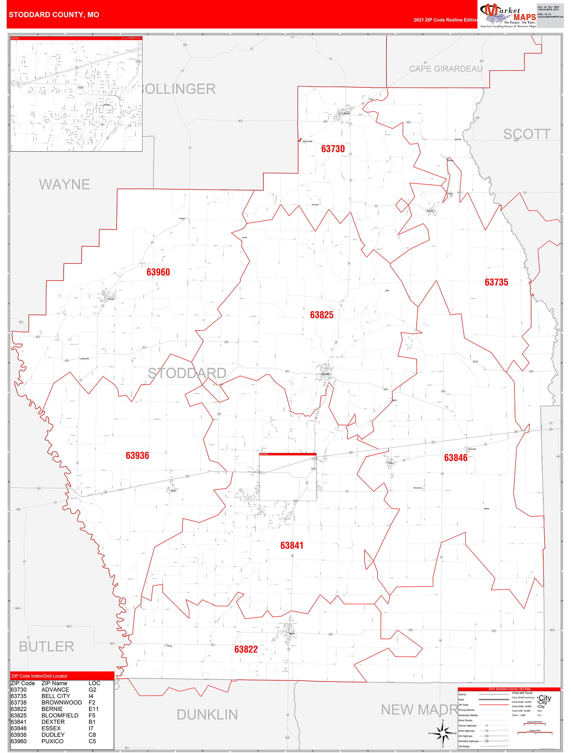 Stoddard County, MO Zip Code Wall Map Red Line Style by MarketMAPS