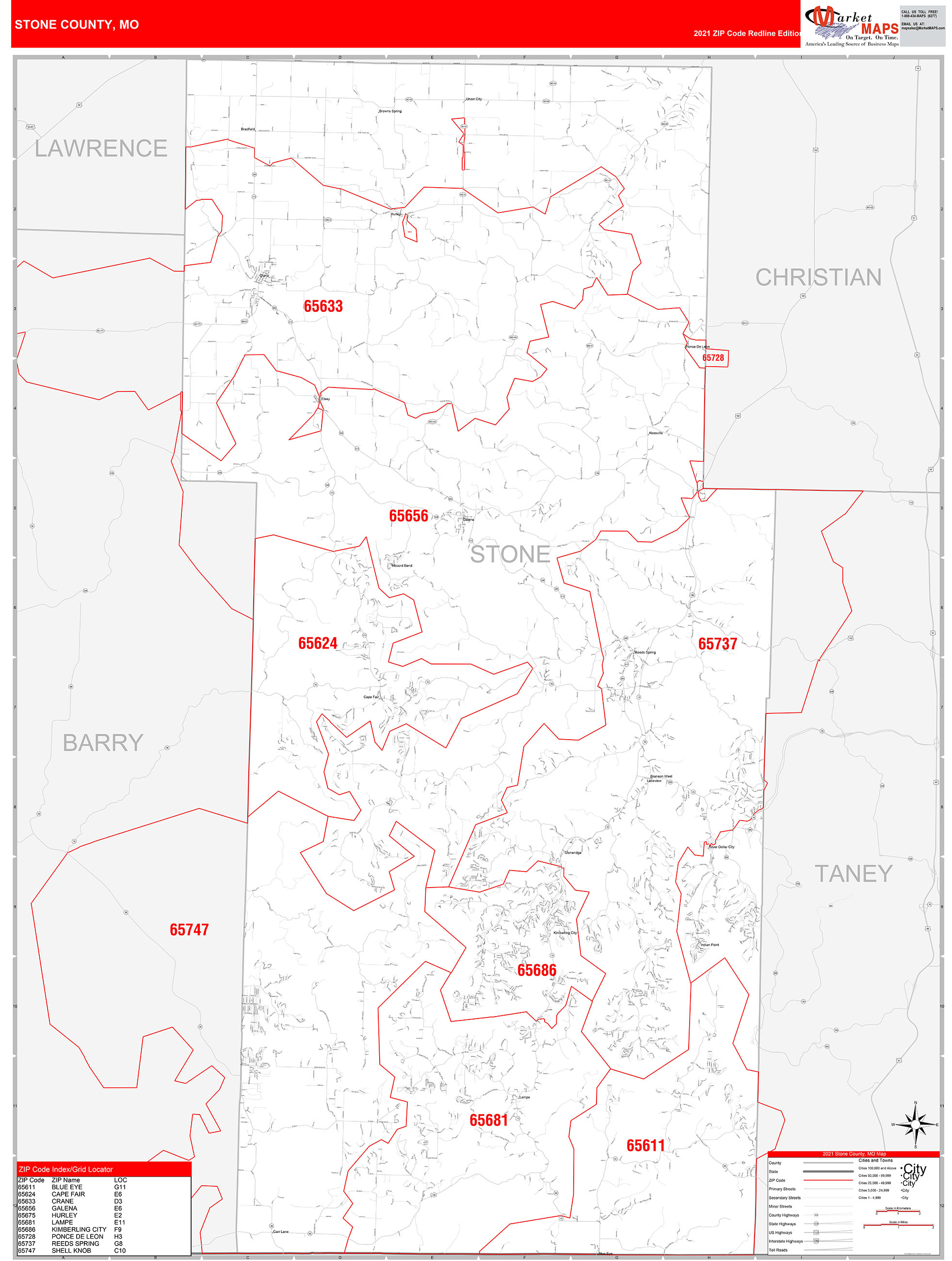 Stone County, MO Zip Code Wall Map Red Line Style by MarketMAPS MapSales