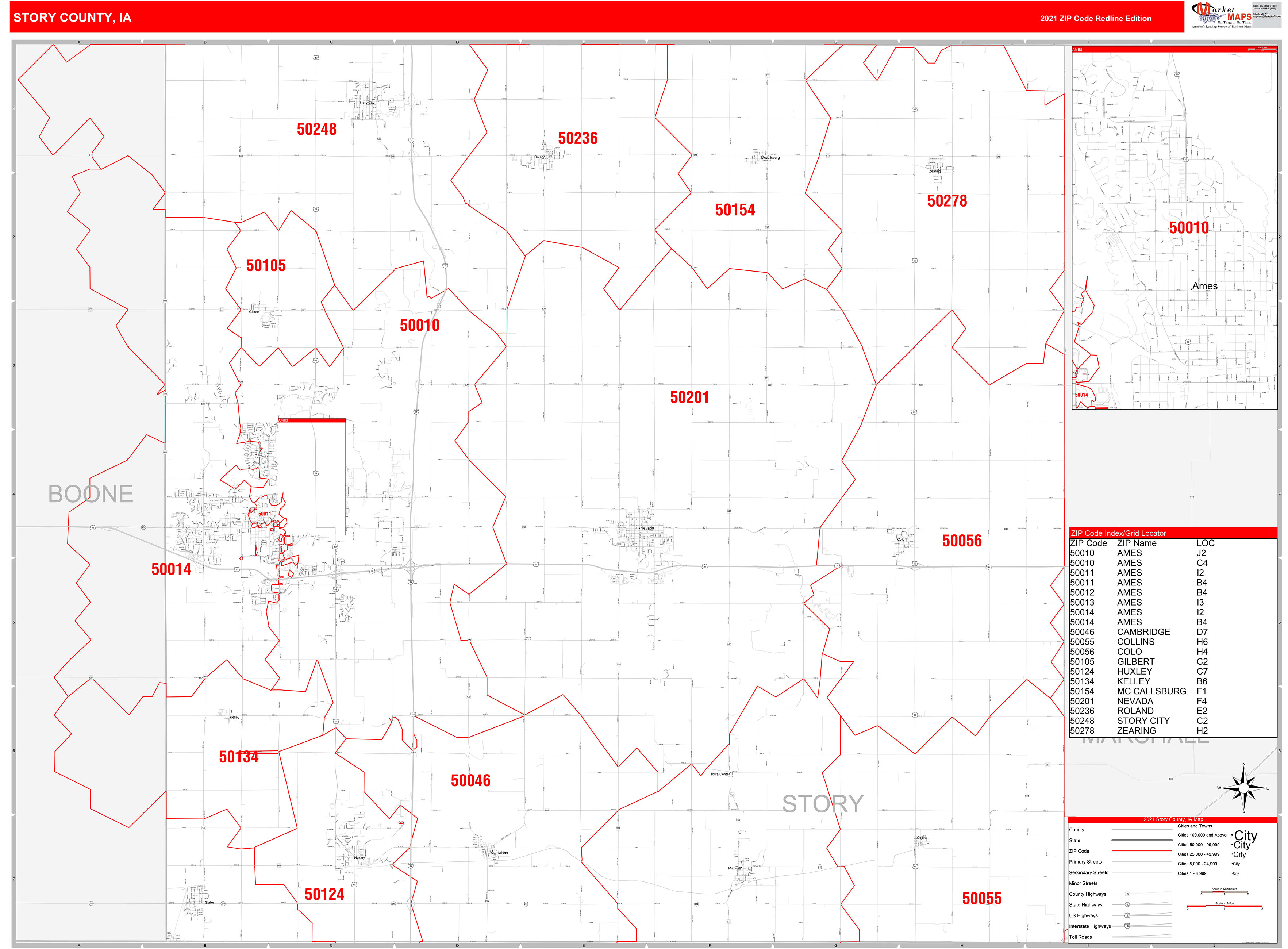 Story County, IA Zip Code Wall Map Red Line Style by MarketMAPS