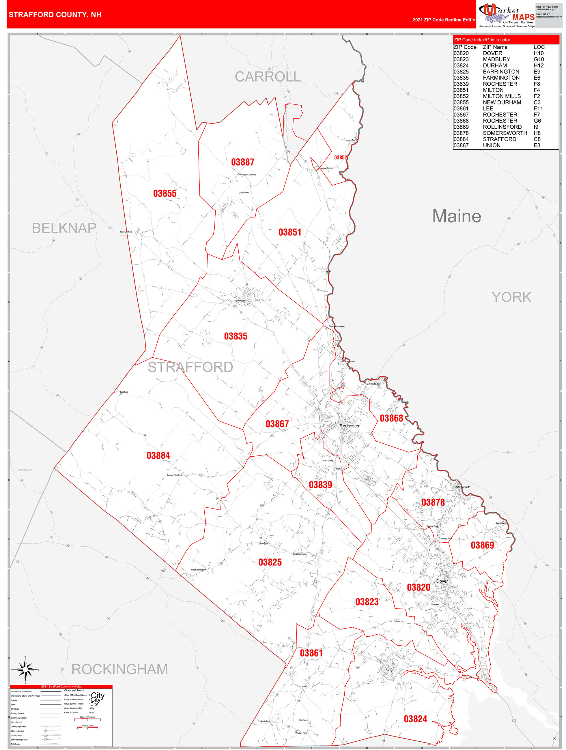 Strafford County, NH Zip Code Wall Map Red Line Style by MarketMAPS
