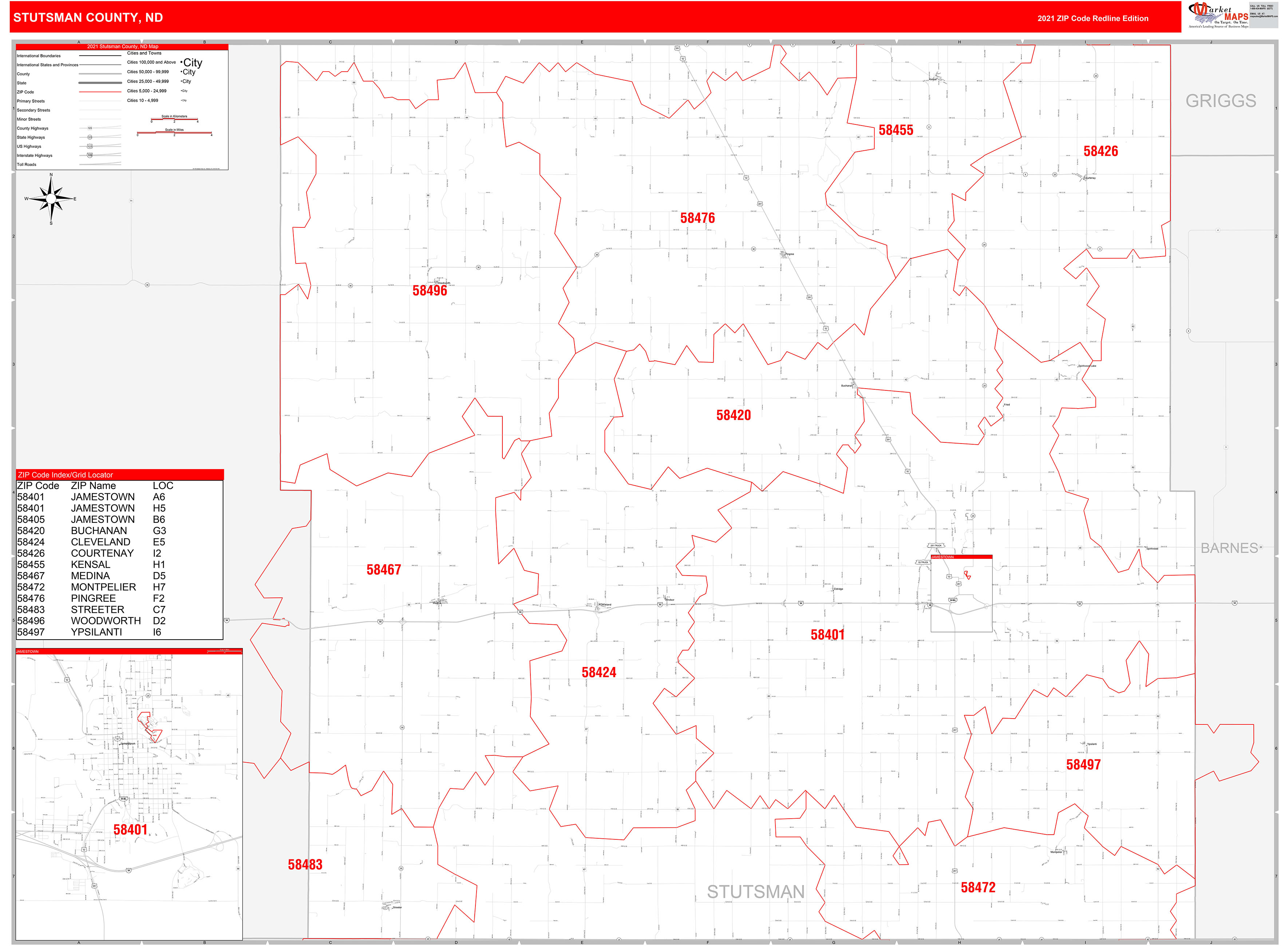Stutsman County, ND Zip Code Wall Map Red Line Style by MarketMAPS