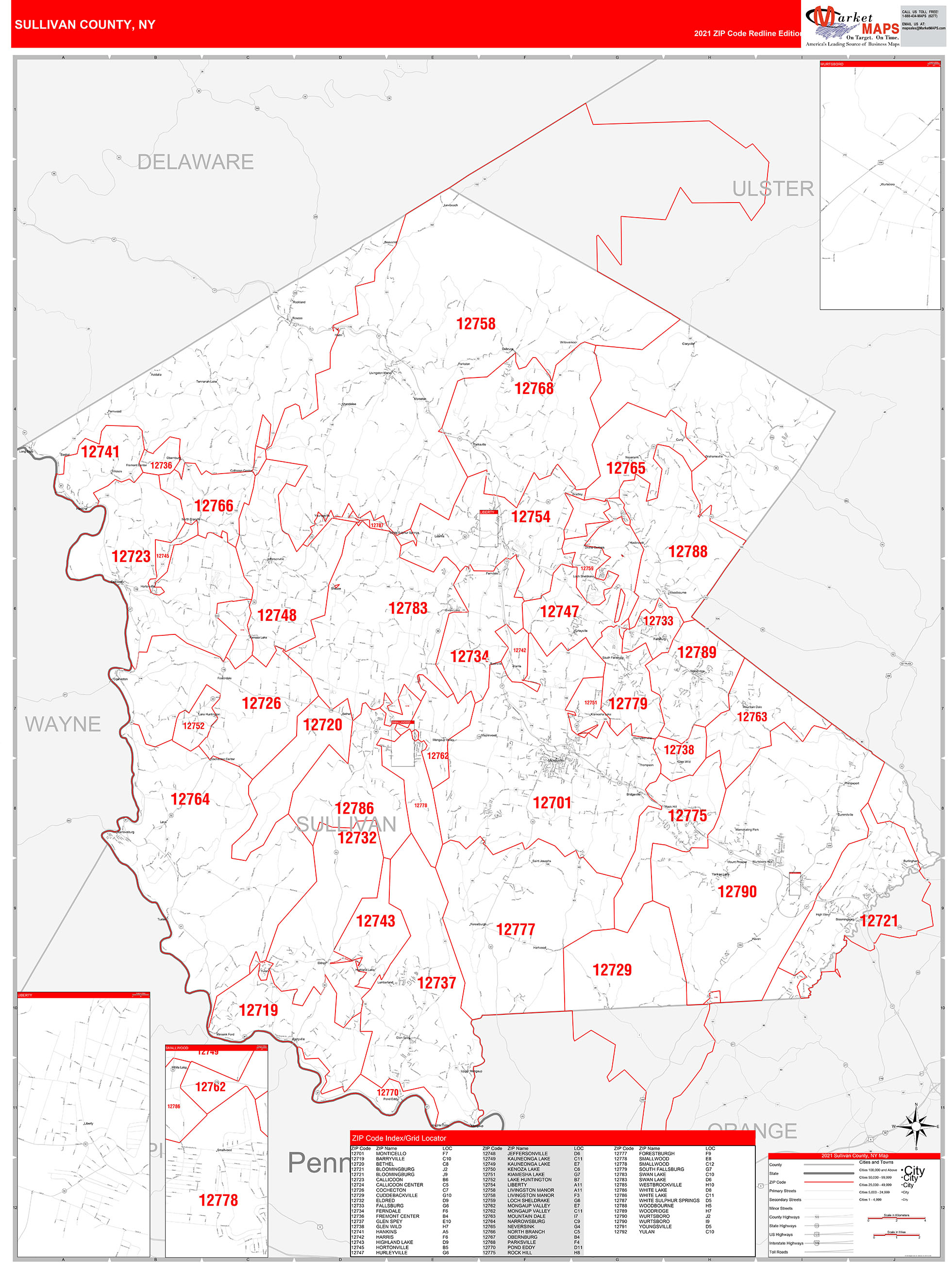 Sullivan County, NY Zip Code Wall Map Red Line Style by MarketMAPS