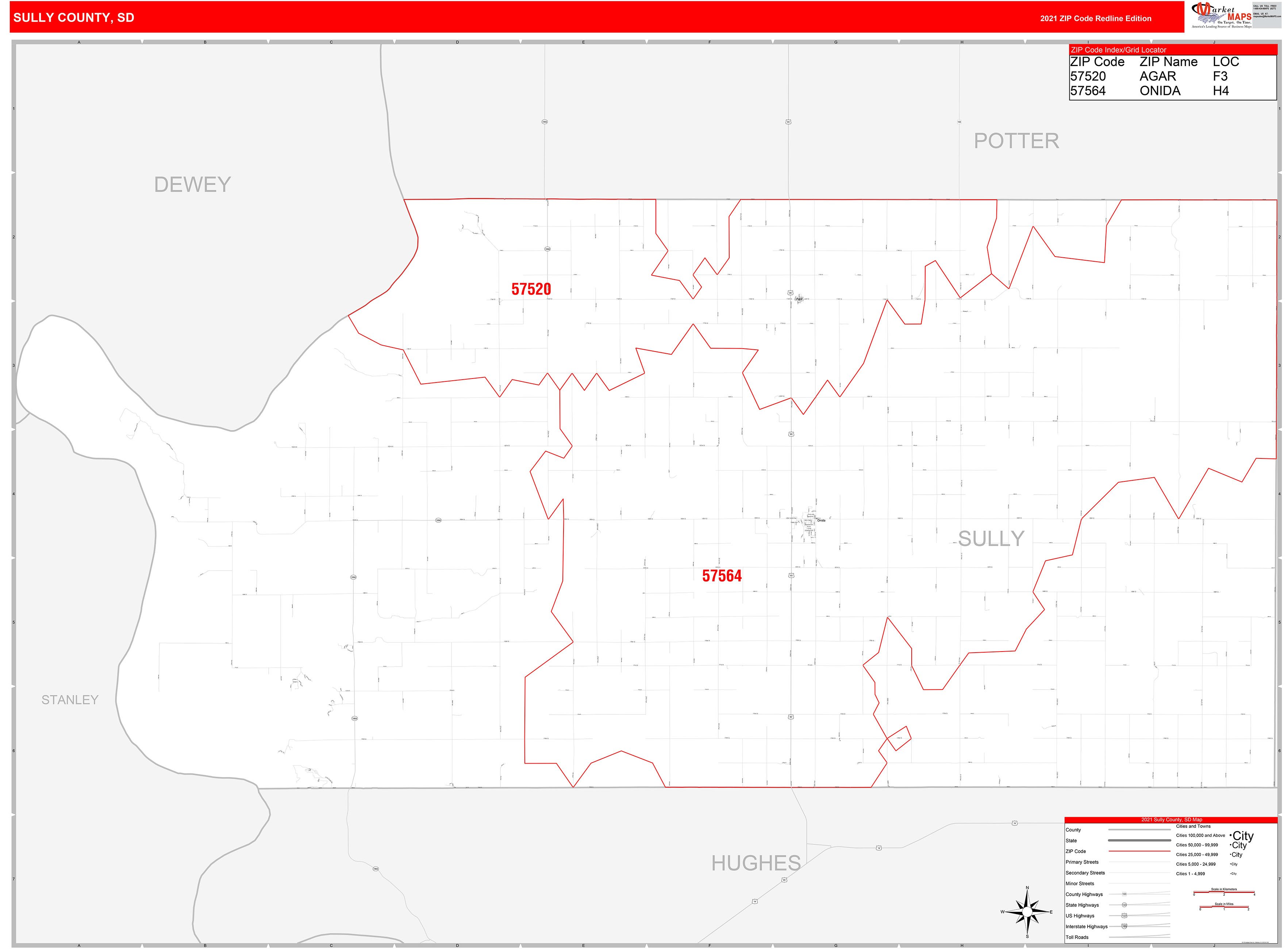 Sully County, SD Zip Code Wall Map Red Line Style by MarketMAPS