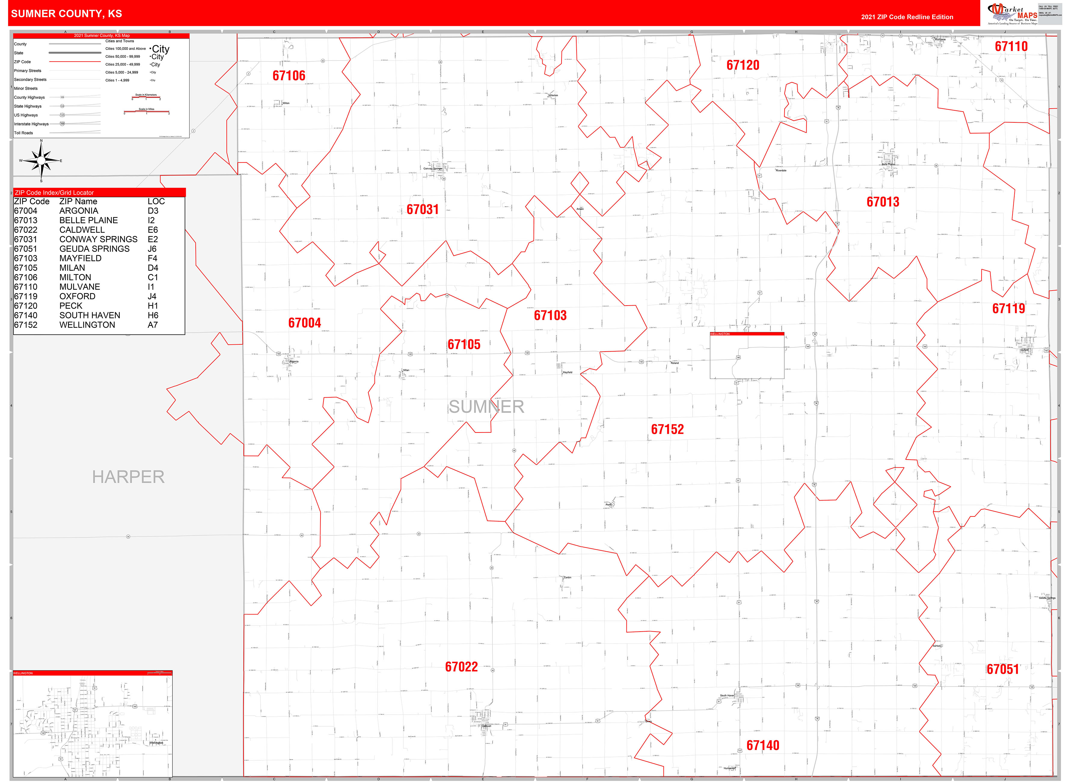 Sumner County, KS Zip Code Wall Map Red Line Style by MarketMAPS