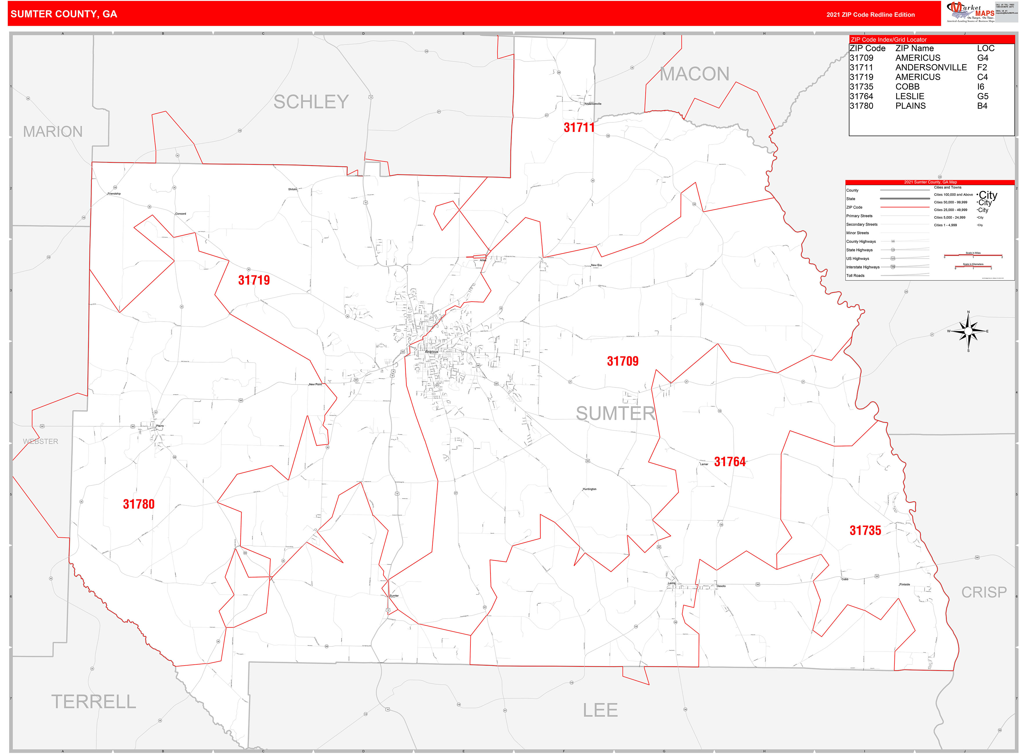 Sumter County, GA Zip Code Wall Map Red Line Style by MarketMAPS