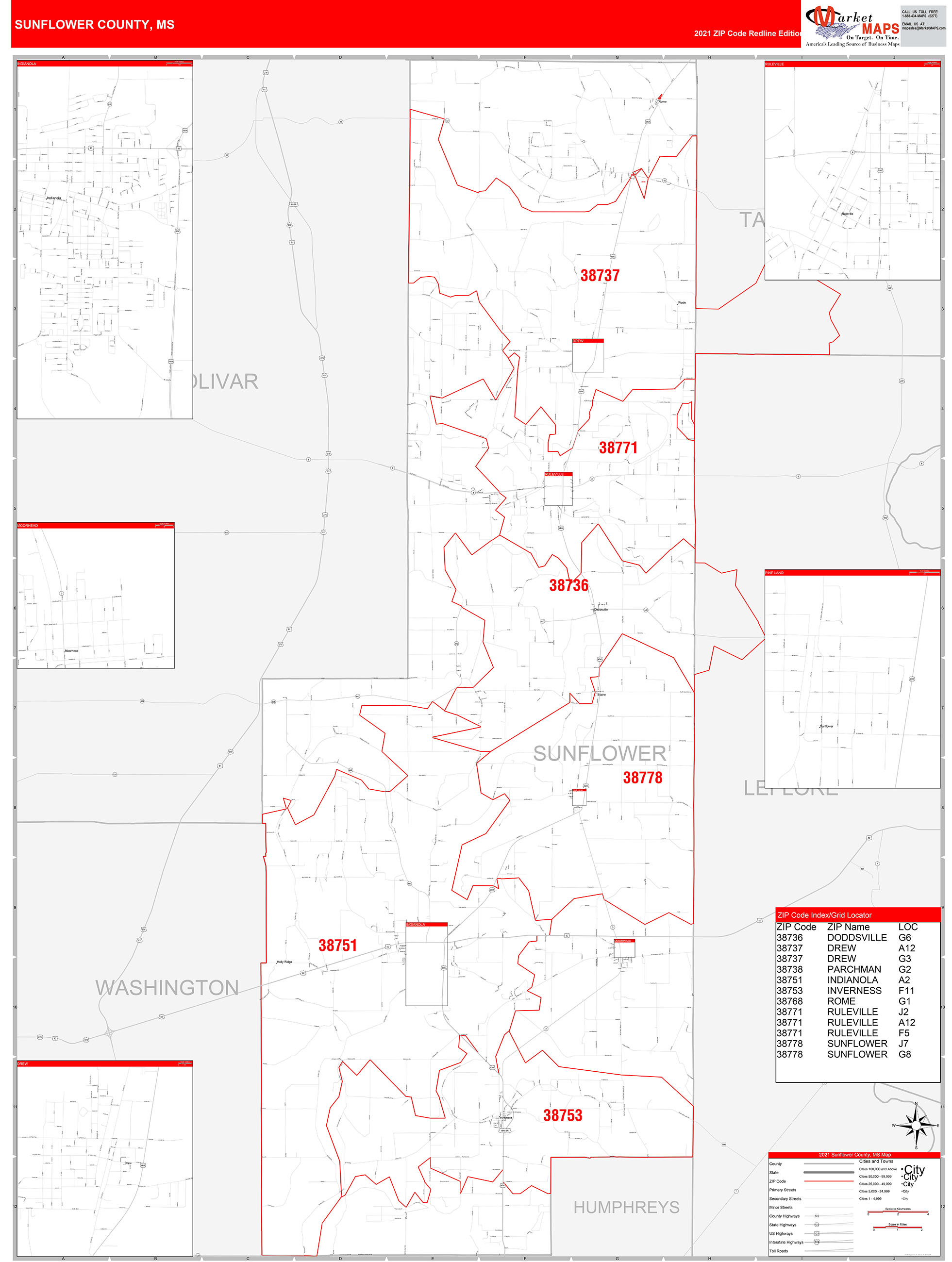 Sunflower County, MS Zip Code Wall Map Red Line Style by MarketMAPS