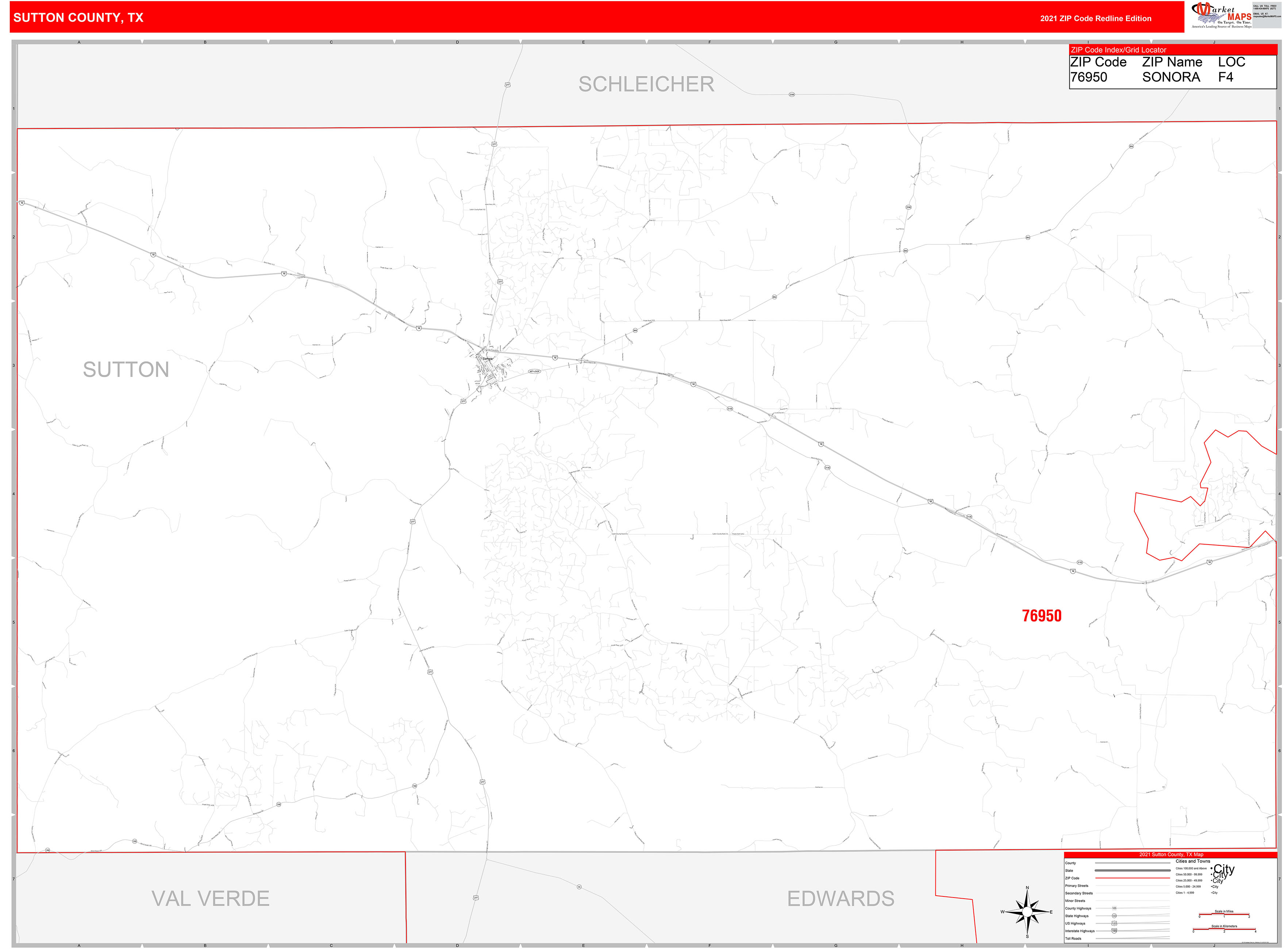 Sutton County, TX Zip Code Wall Map Red Line Style by MarketMAPS
