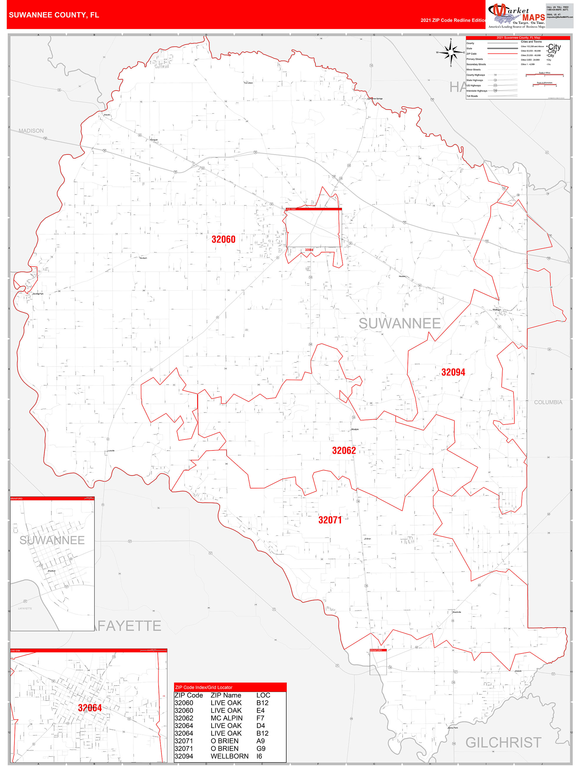 Suwannee County, FL Zip Code Wall Map Red Line Style by MarketMAPS
