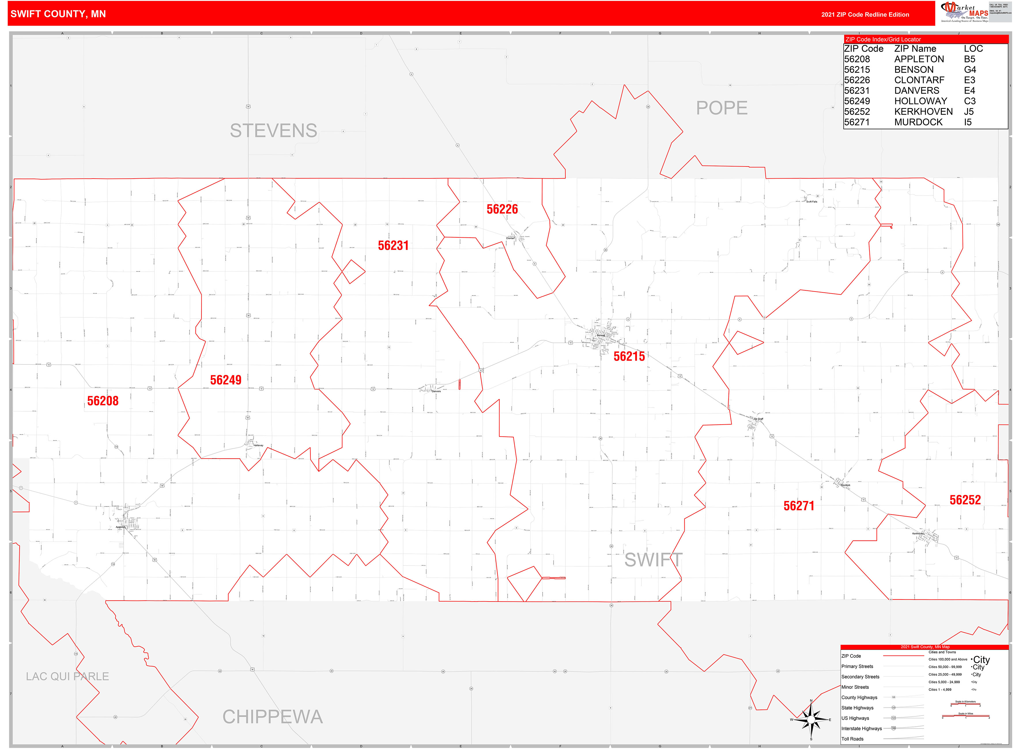 Swift County, MN Zip Code Wall Map Red Line Style by MarketMAPS
