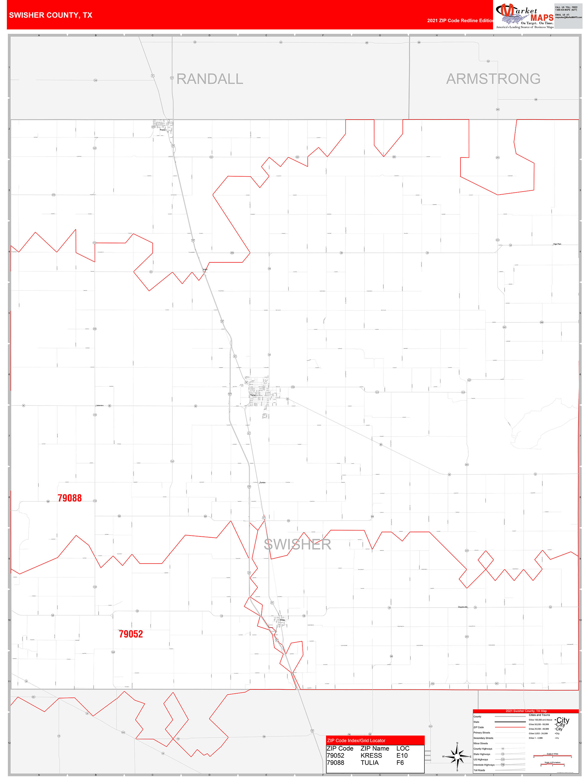 Swisher County, TX Zip Code Wall Map Red Line Style by MarketMAPS