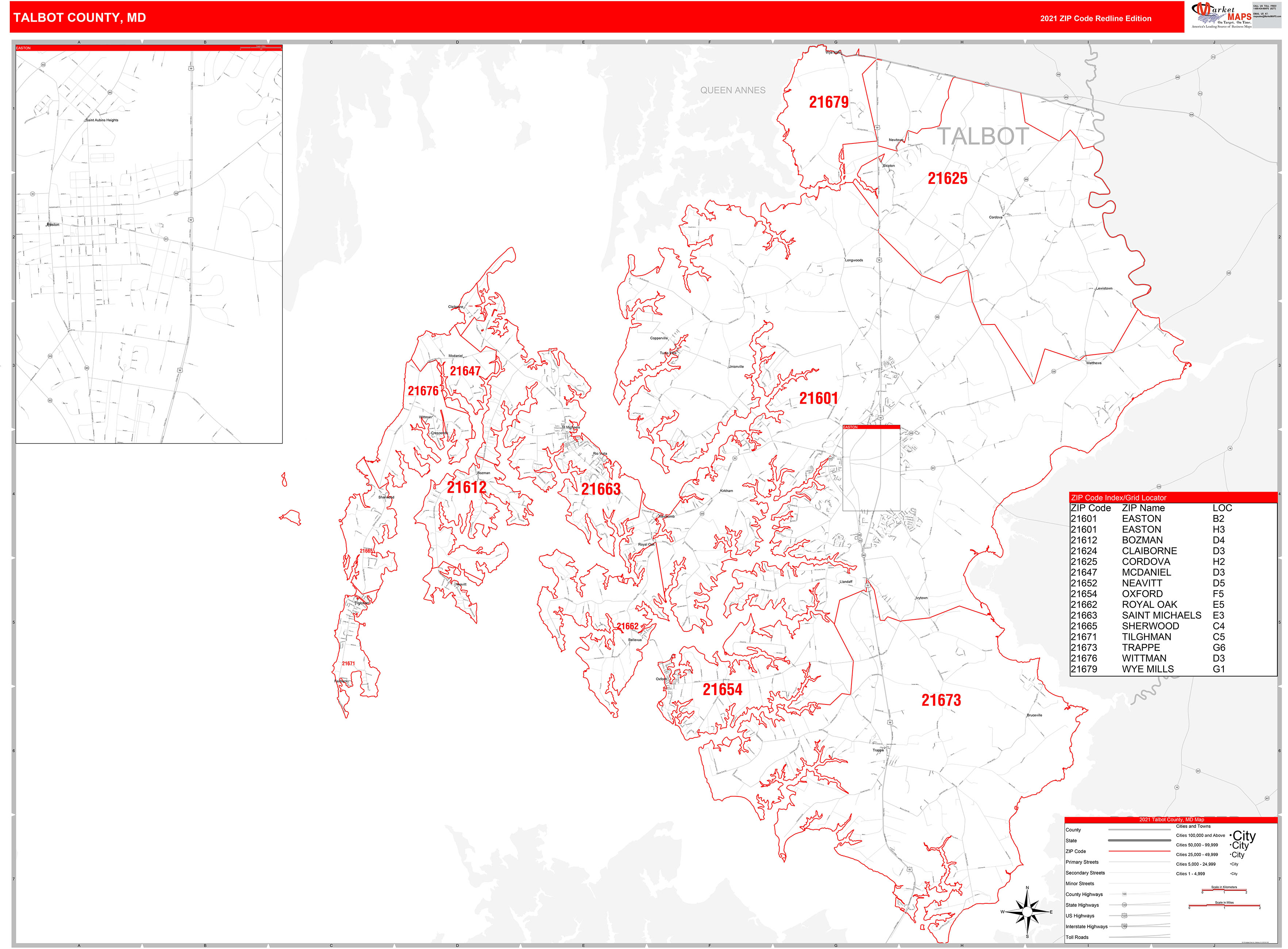 Talbot County Md Zip Code Wall Map Red Line Style By Marketmaps