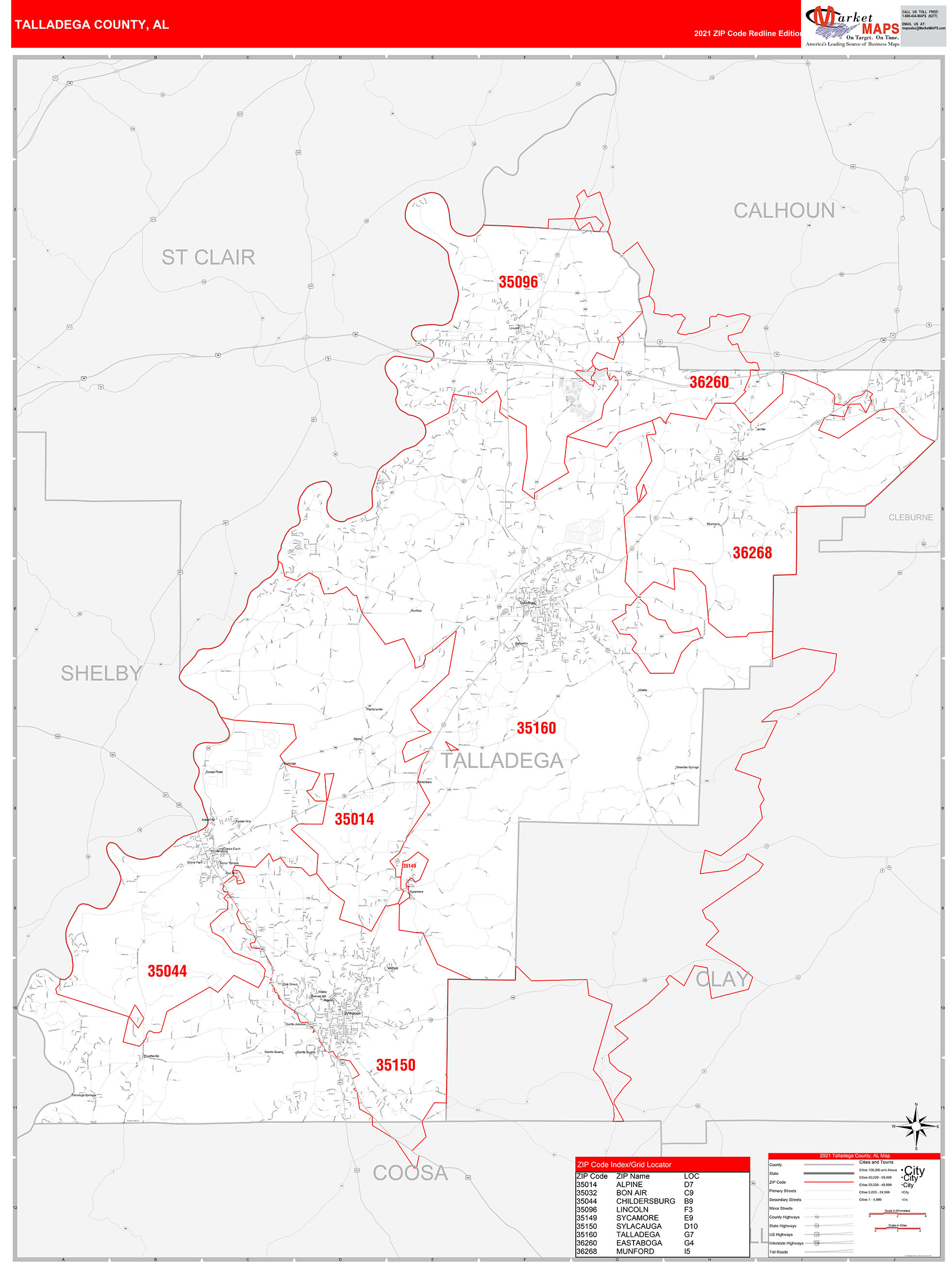 Talladega County, AL Zip Code Wall Map Red Line Style by MarketMAPS