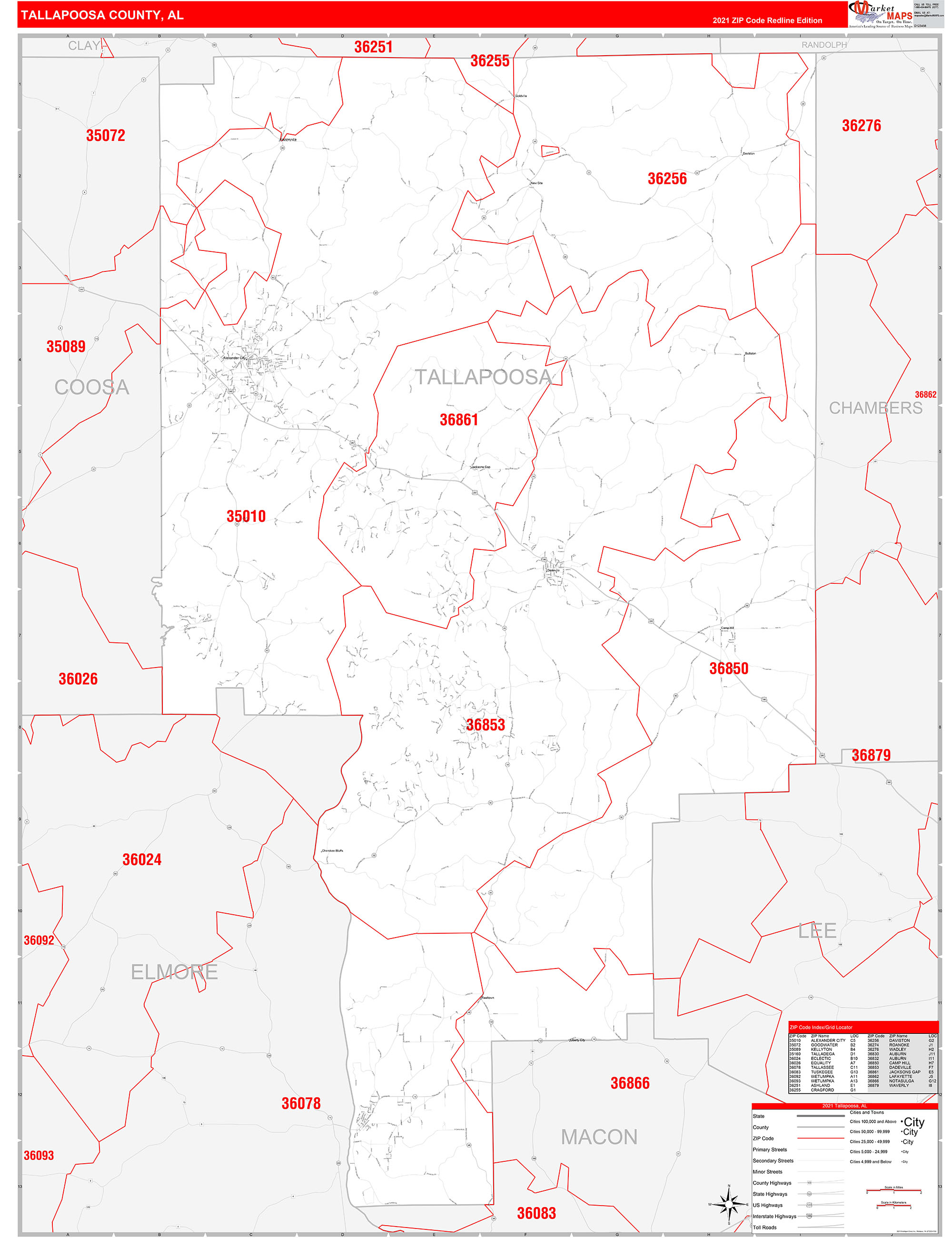 Tallapoosa County, AL Zip Code Wall Map Red Line Style by MarketMAPS