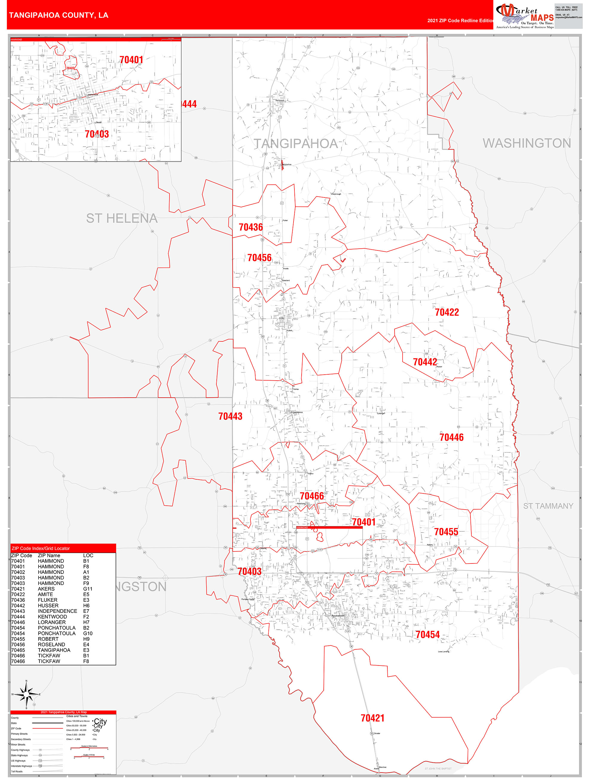 Tangipahoa County, LA Zip Code Wall Map Red Line Style by MarketMAPS