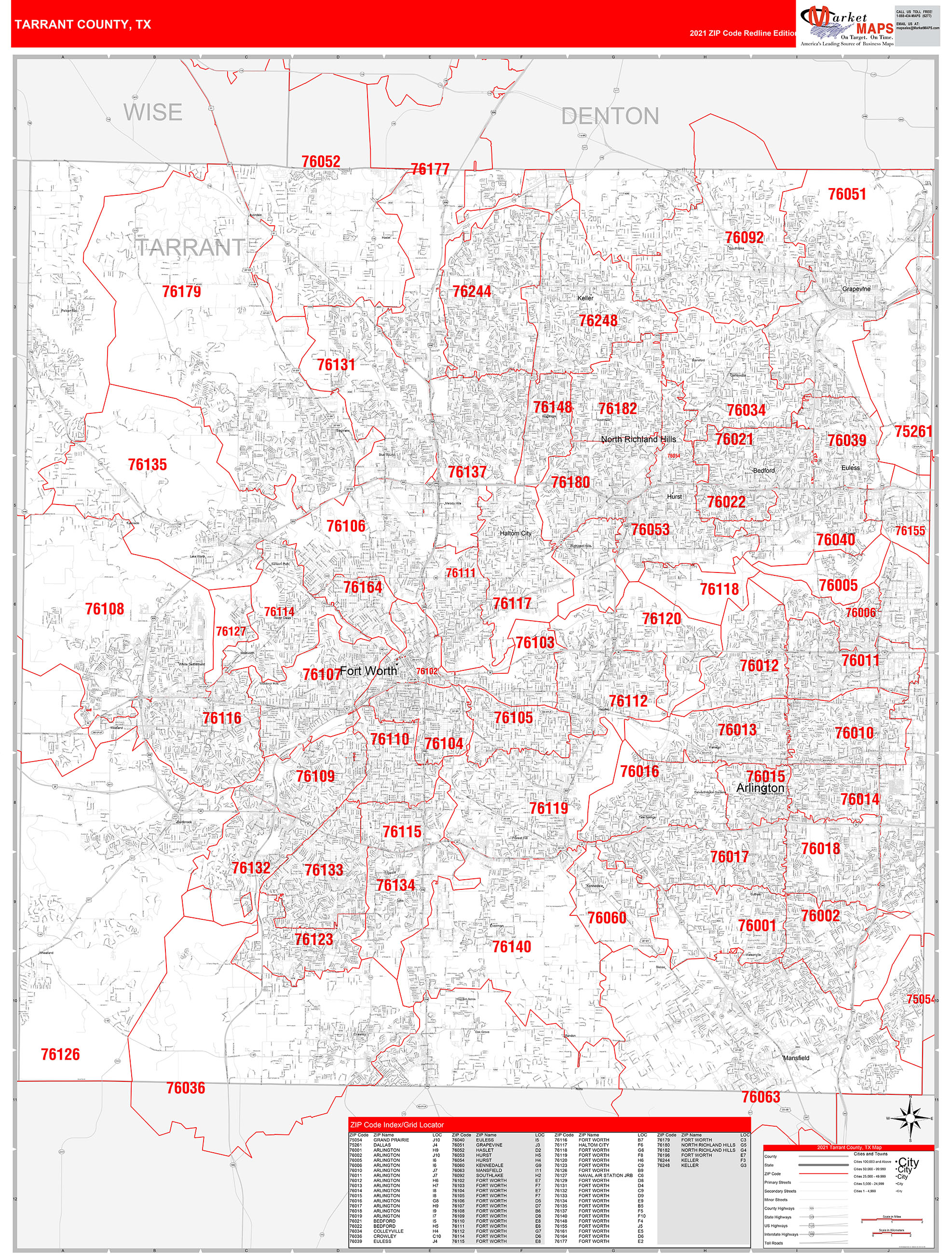 Tarrant County Tx Zip Code Wall Map Red Line Style By Marketmaps