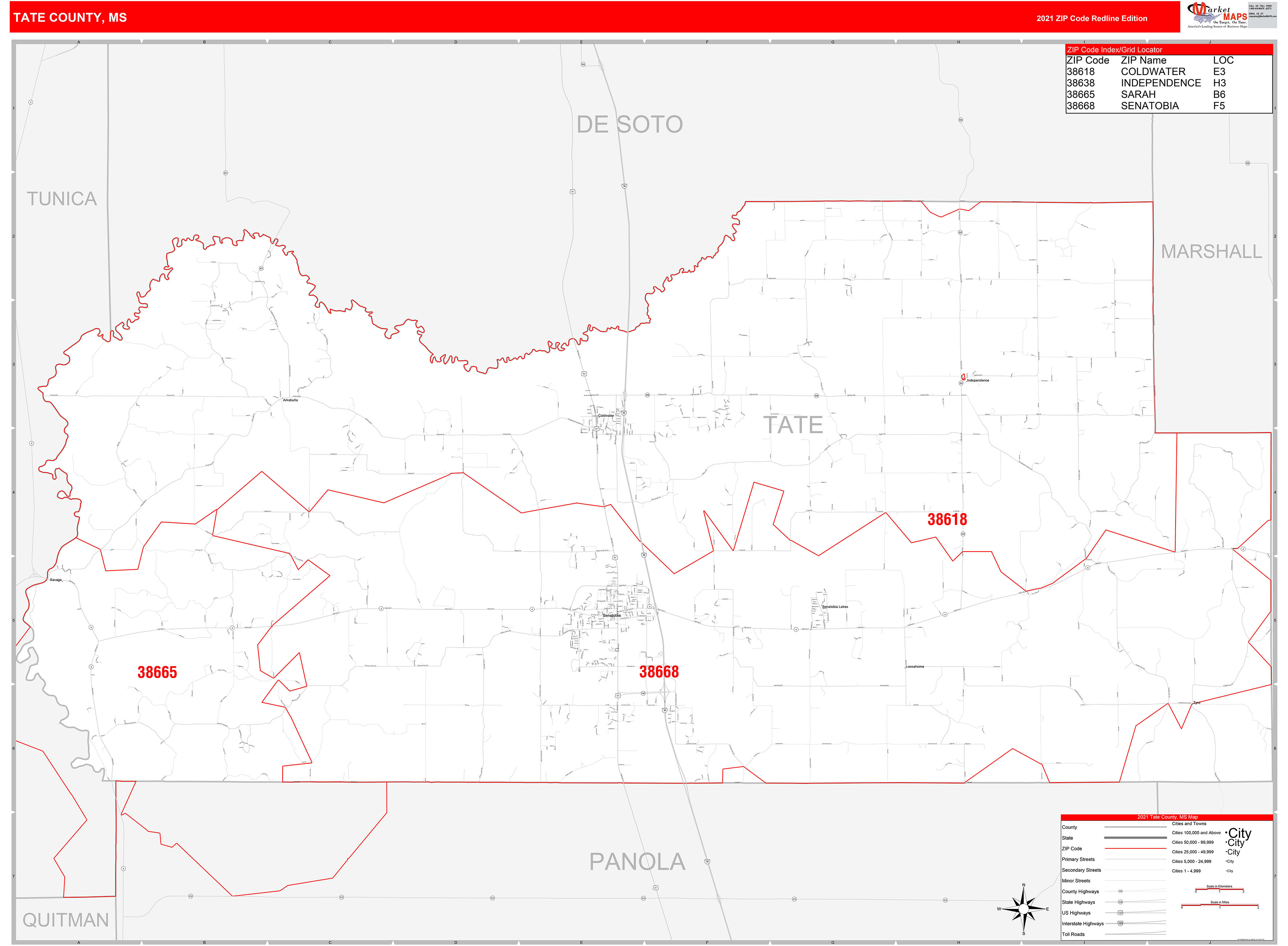 Tate County, MS Zip Code Wall Map Red Line Style by MarketMAPS