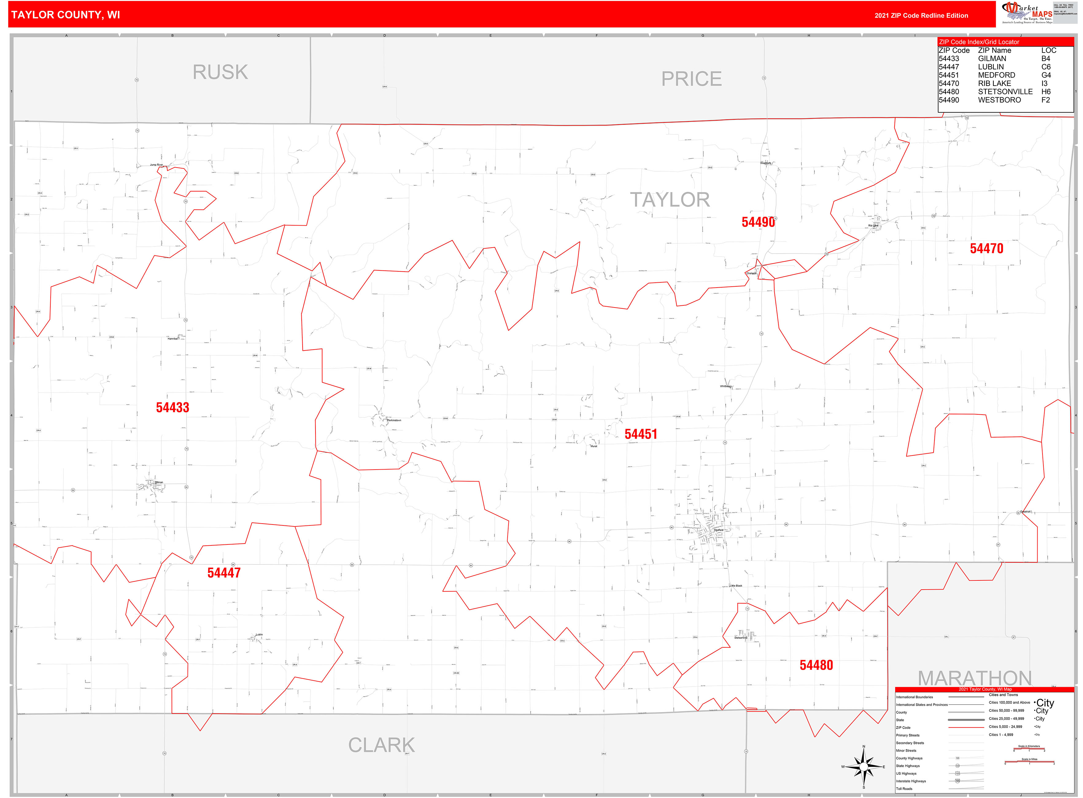 Taylor County, WI Zip Code Wall Map Red Line Style by MarketMAPS