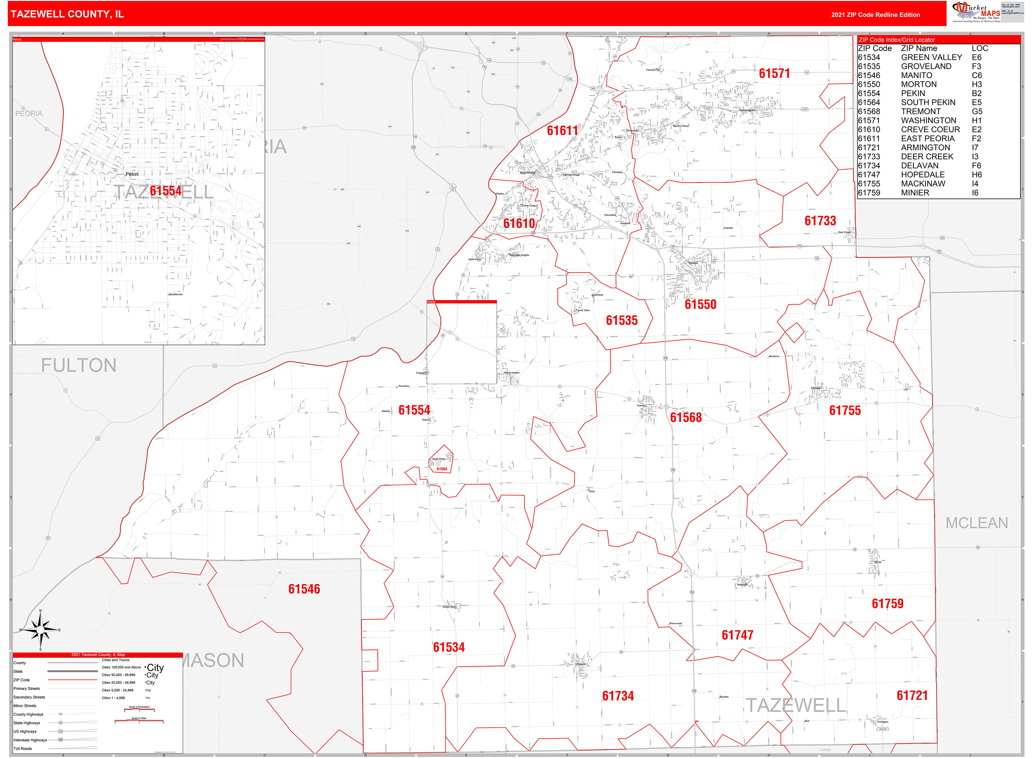 Tazewell County, IL Zip Code Wall Map Red Line Style by MarketMAPS